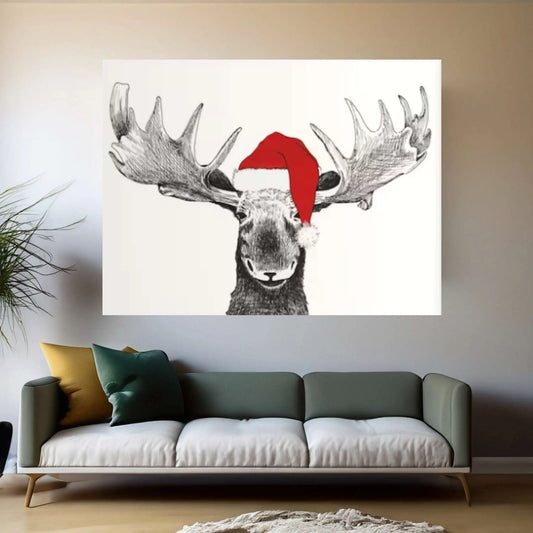 Santa Moose Pine Framed Canvas | Winter Wall Decor | Kids Room Christmas Decor - Y Canvas