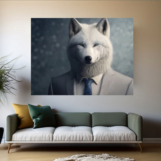 Wolf Canvas Wall Art - Portrait of a white wolf dressed in a formal business suit - Y Canvas