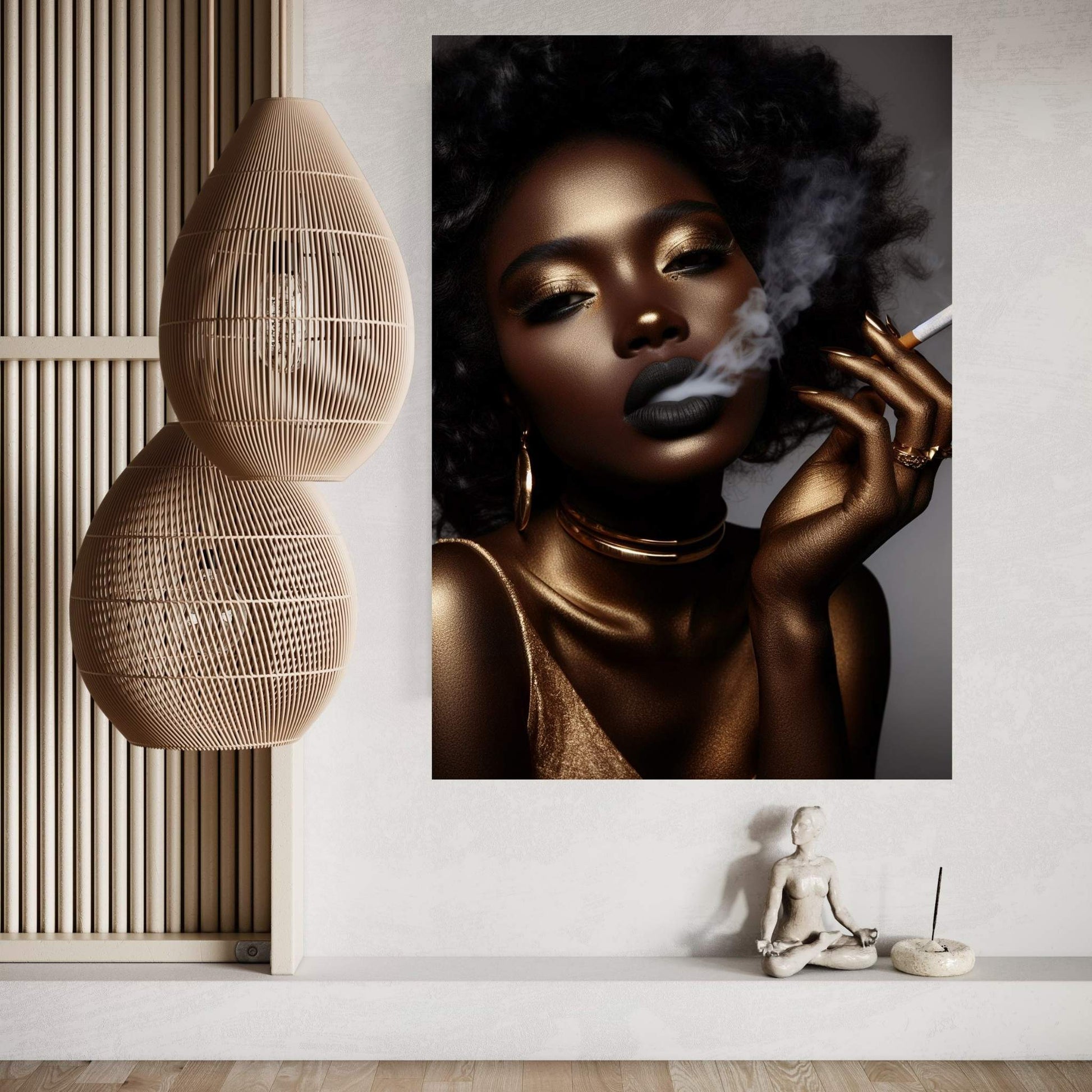 African Black Woman Gold Make-up Smoke Canvas Portrait Canvas Wall Art - Y Canvas