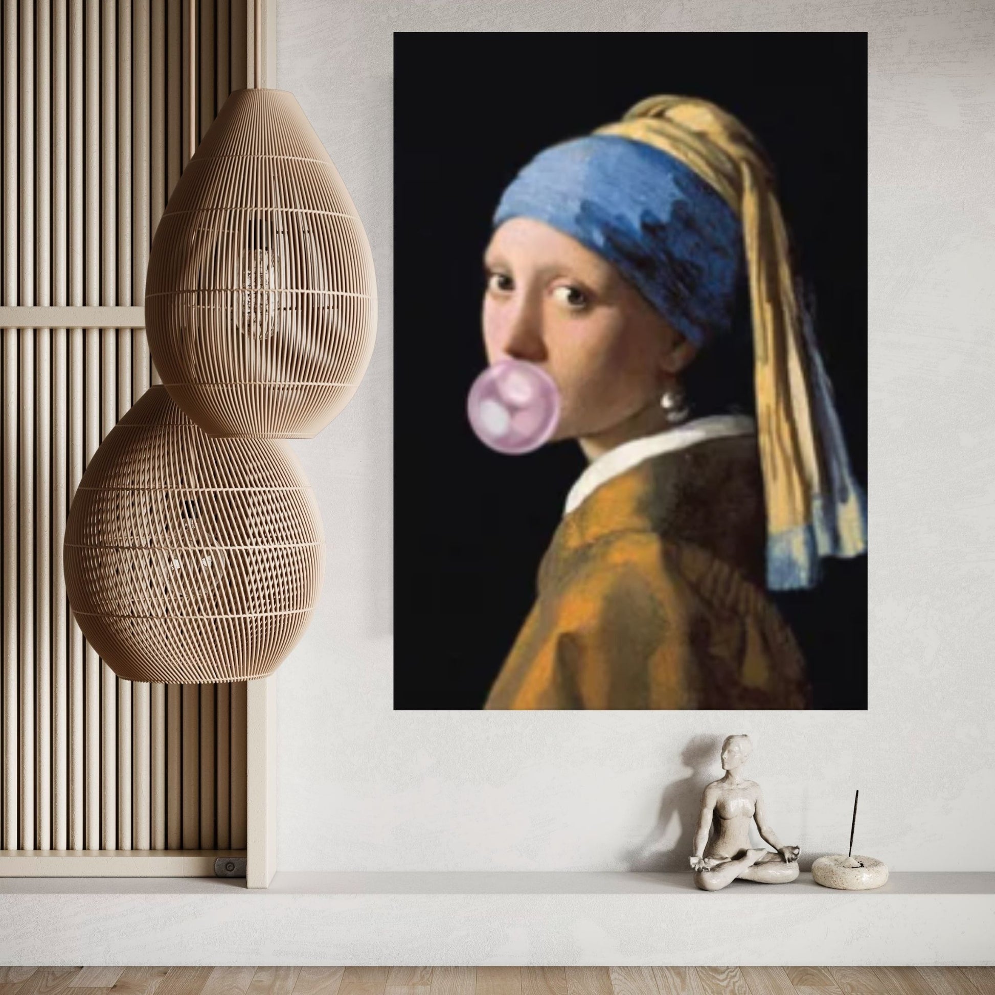 Girl with a Pearl Earring and bubble gum Canvas Wall Art, Johannes Vermeer Exhibition Canvas - Y Canvas