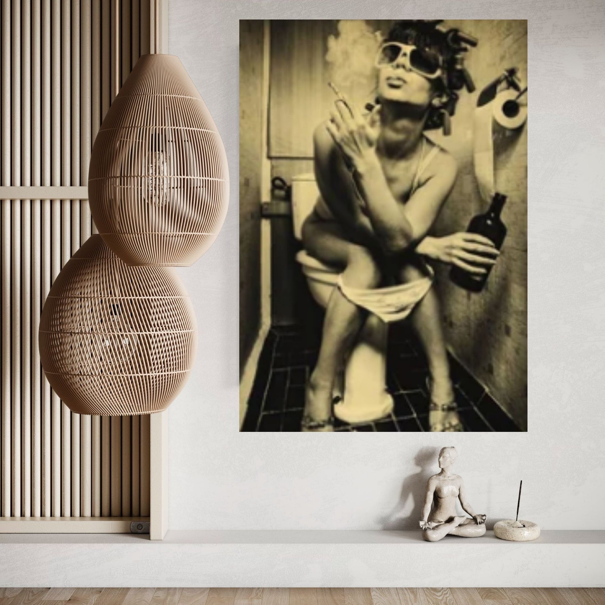 Bathroom Drink Canvas Wall Art Poster, Humor Restroom Photo Print Modern, Sepya Bathroom Woman Drinking on the Toilet - Y Canvas