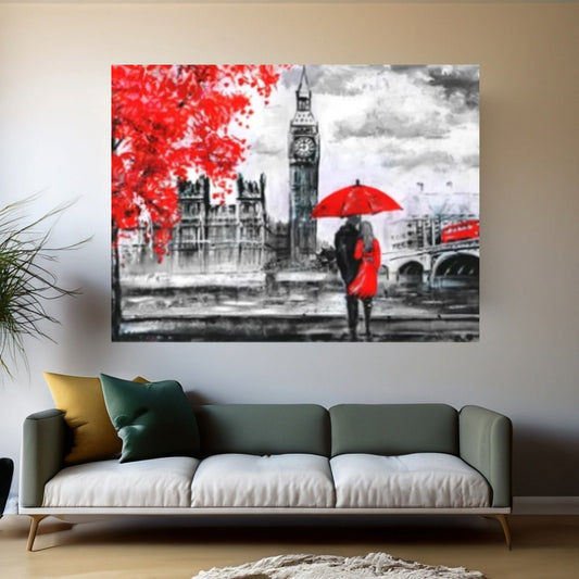 England Bridge illustration Man and woman under red umbrella photo, London street Oil painting - Y Canvas