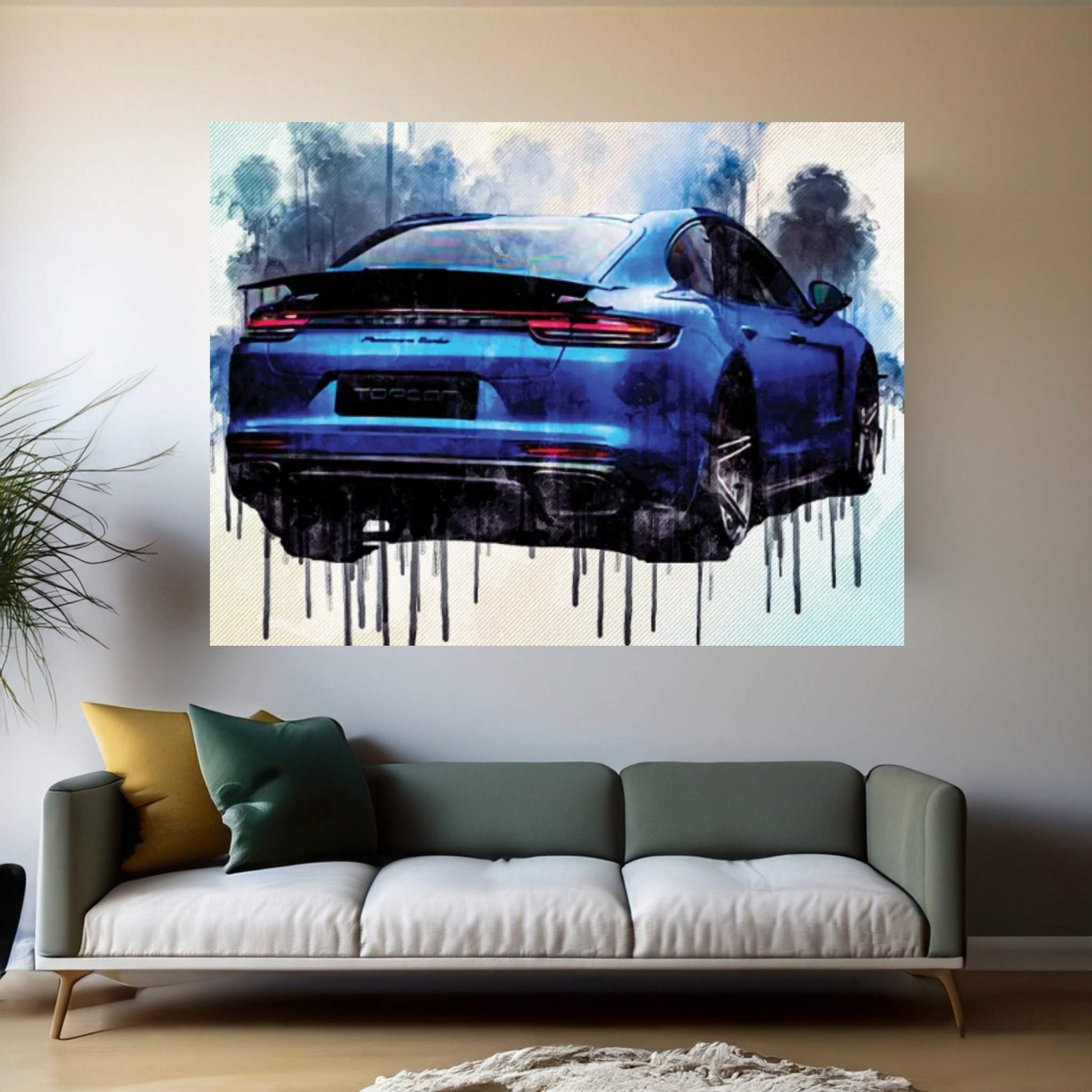 Porsche Panamera Turbo 2018 Exterior Rear View Blue Matte Panamera Sports Canvas Wall Art - Y Canvas