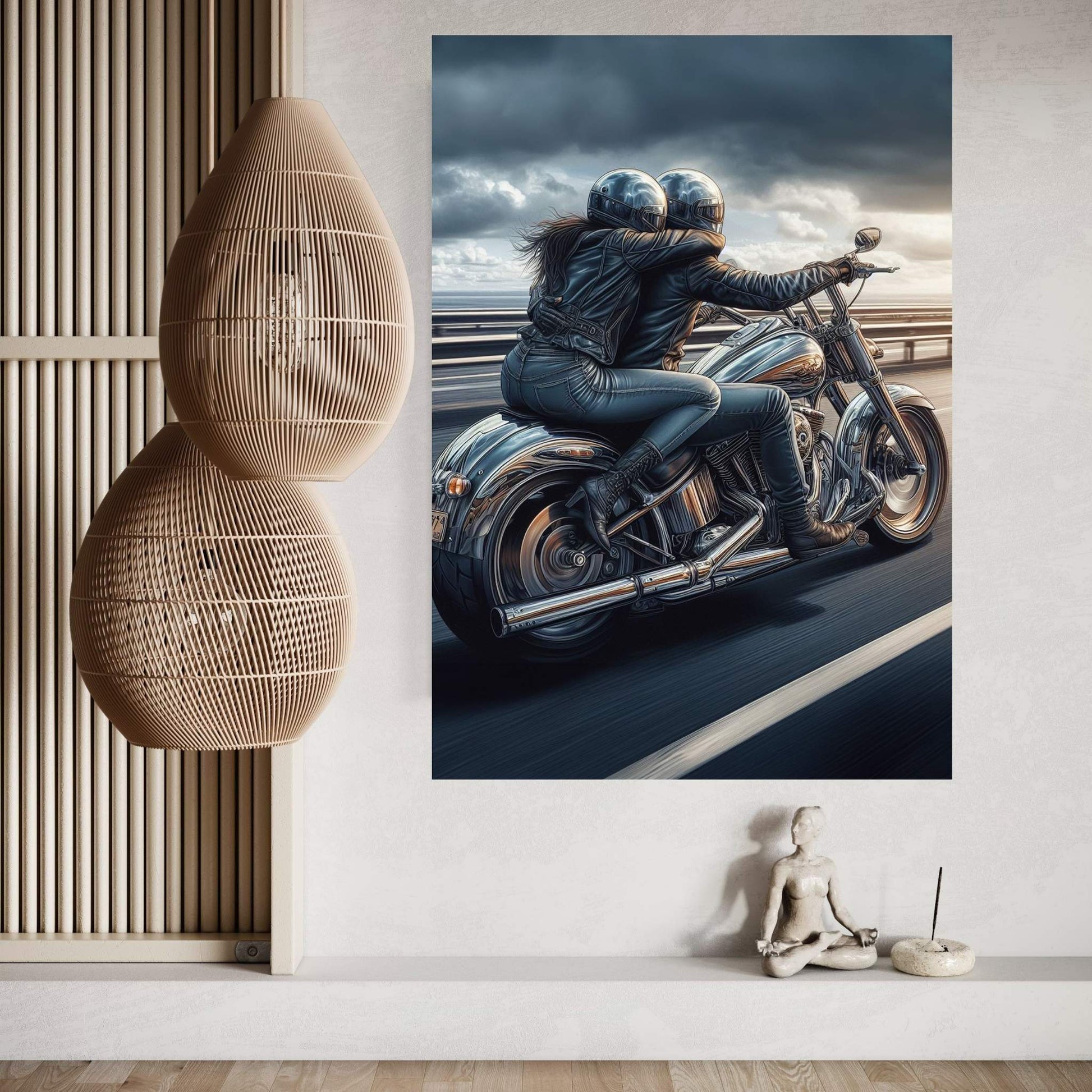 Metallic Couple Eiding A Motorcycle Canvas Wall Art - Y Canvas