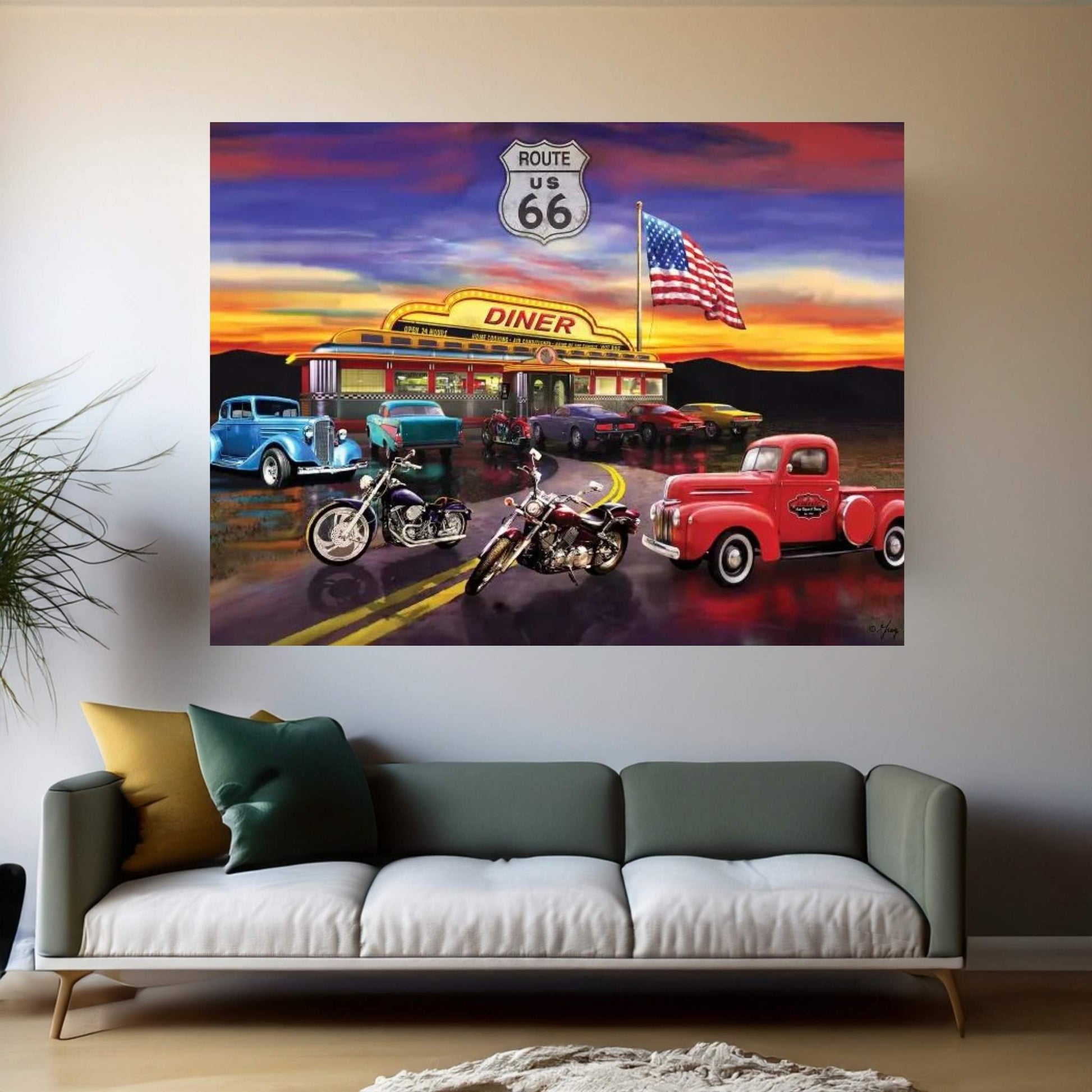 Nostalgic America Diner And Cars Canvas Wall Art - Y Canvas