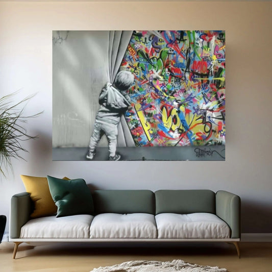 Large Behind the Curtain, Kids Wall Decor,Canvas Art Print , Urban Style Canvas, Child Graffiti - Y Canvas