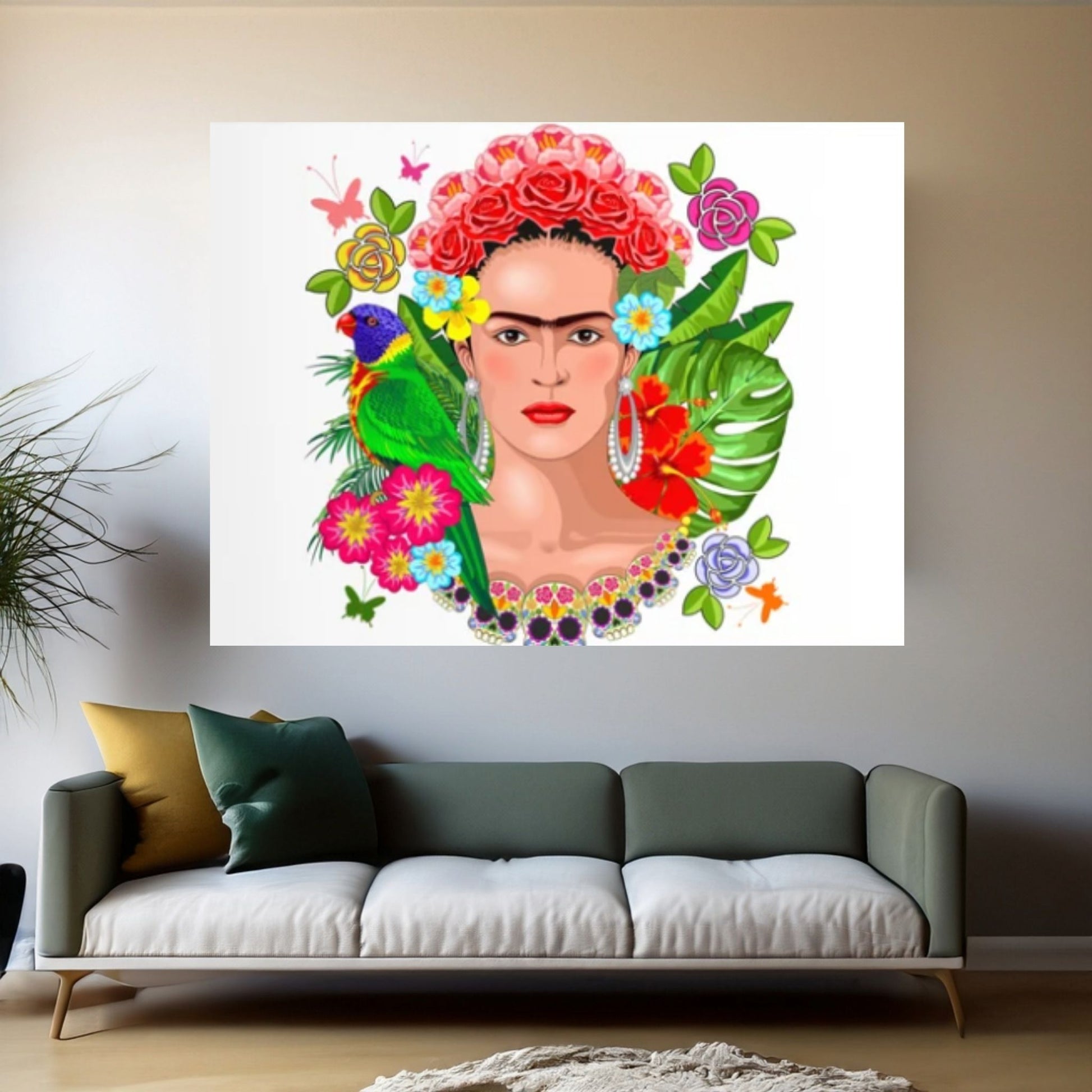 Frida Kahlo Art Canvas Wall Art, Holding a Cup of Tea & Cigarette Decoration - Y Canvas