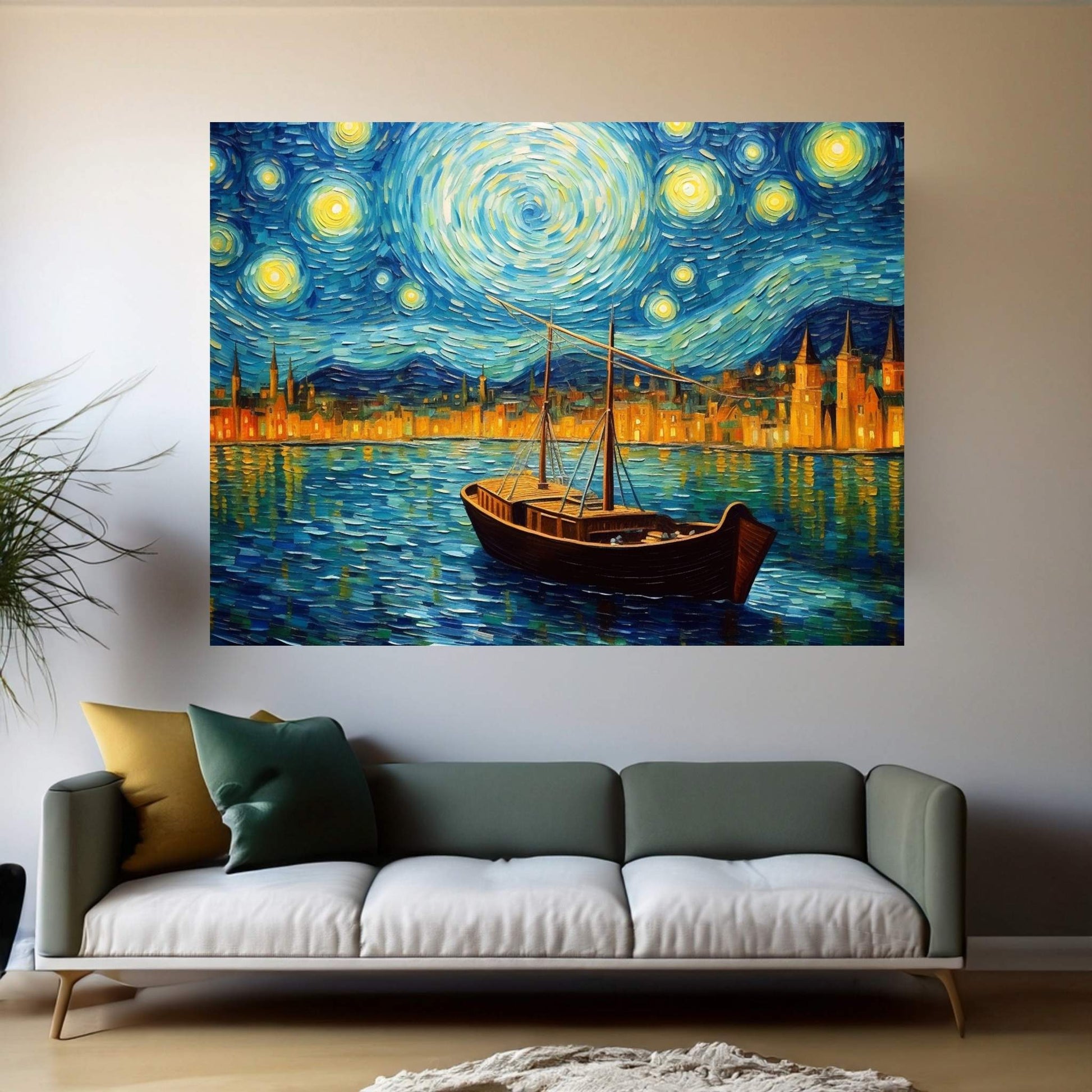 Van Gogh Style Starry Nigt Boat Ship Landscape Reproduction Canvas Wall Art - Y Canvas