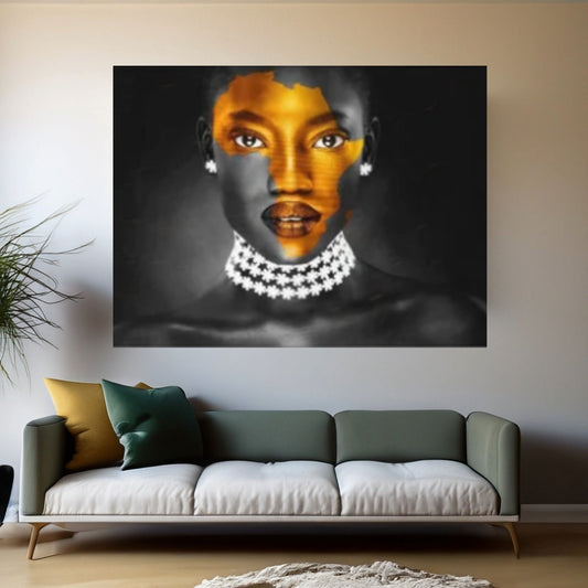 African Art Wall Decor, African Woman Makeup Wall Art, Abstract Canvas Art, Modern Gold Lips Wall Art - Y Canvas