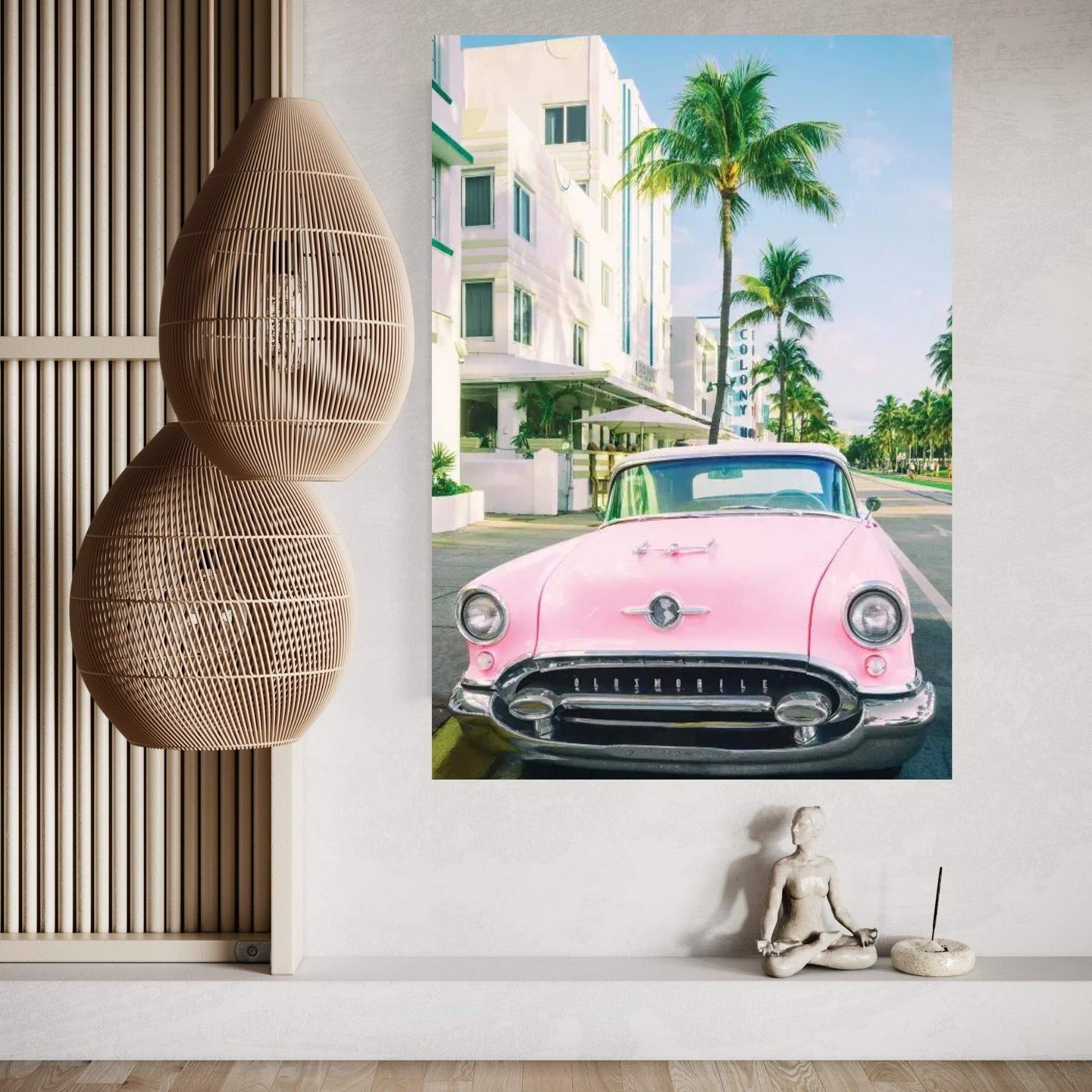 Pink Oldsmobile, Miami Art Deco, Florida Canvas Wall Art - Y Canvas