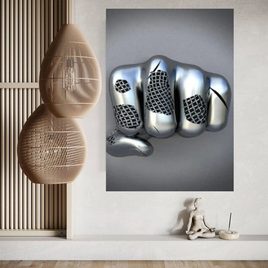 3D Effect Fist Wall Canvas, Metalic Silver Effect Hand Metallic Canvas - Y Canvas