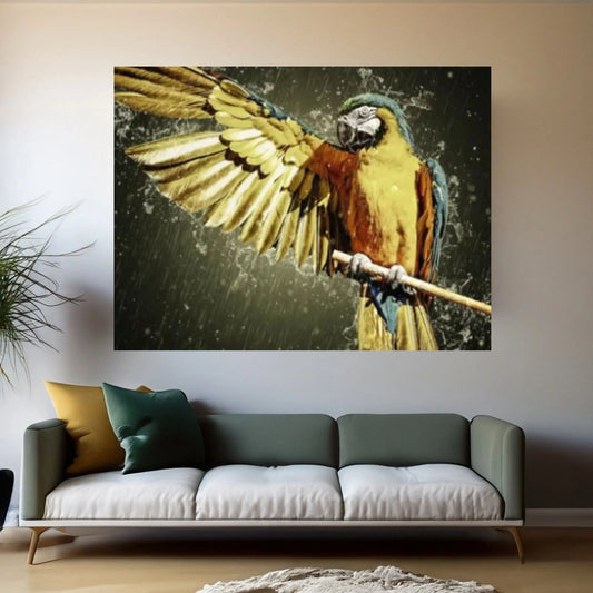 Yellow Colored Parrot Getting Wet in the Rain Canvas Wall Art, Animal Kingdom Poster - Y Canvas