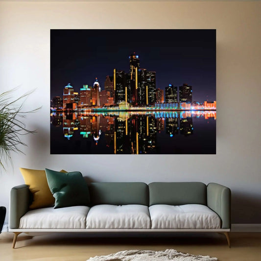 Detroit Skyline at Night Canvas Wall Art Design Poster Canvas Wall Art - Y Canvas