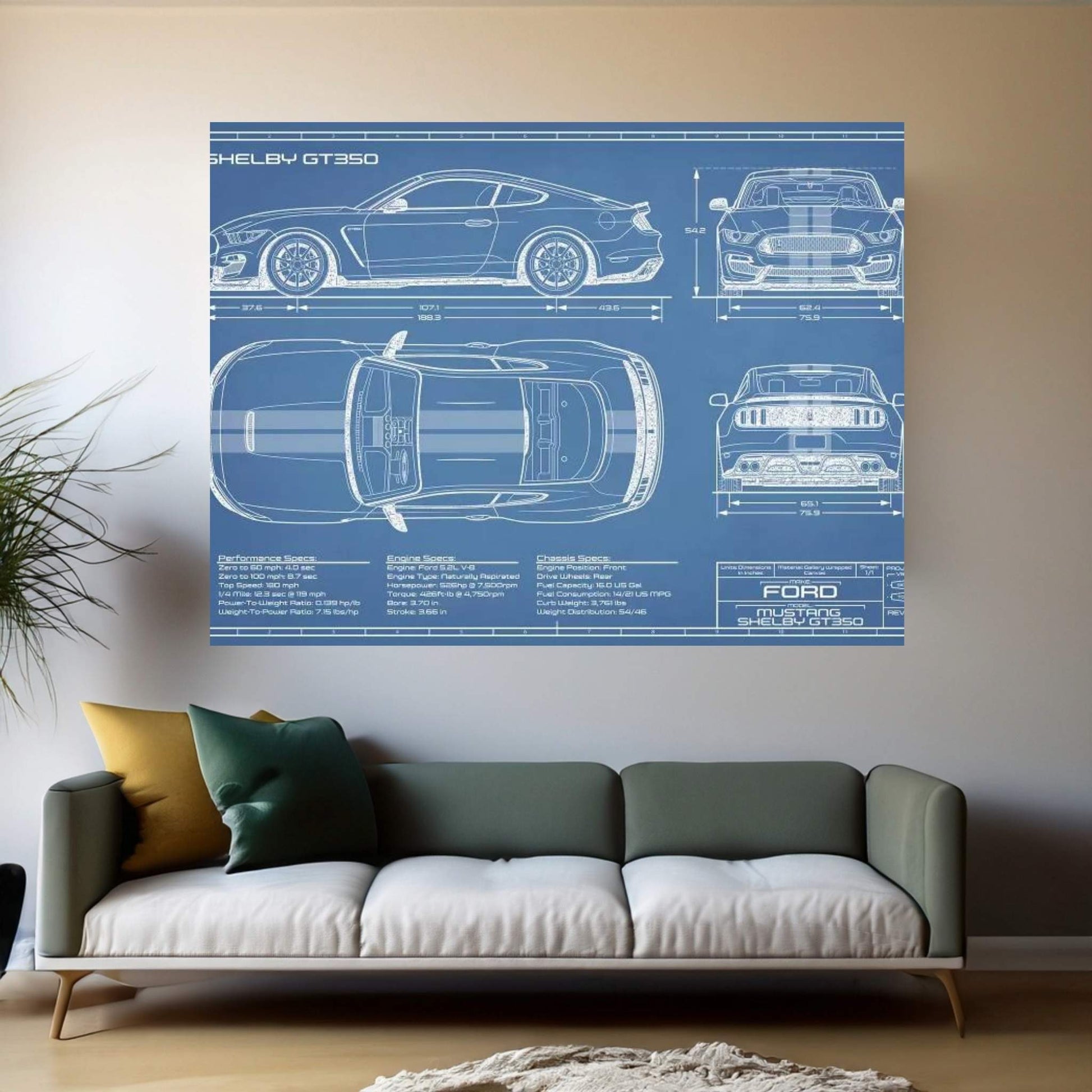 Shelby GT350 (2015-2019) Blueprint Canvas Wall Art - Y Canvas