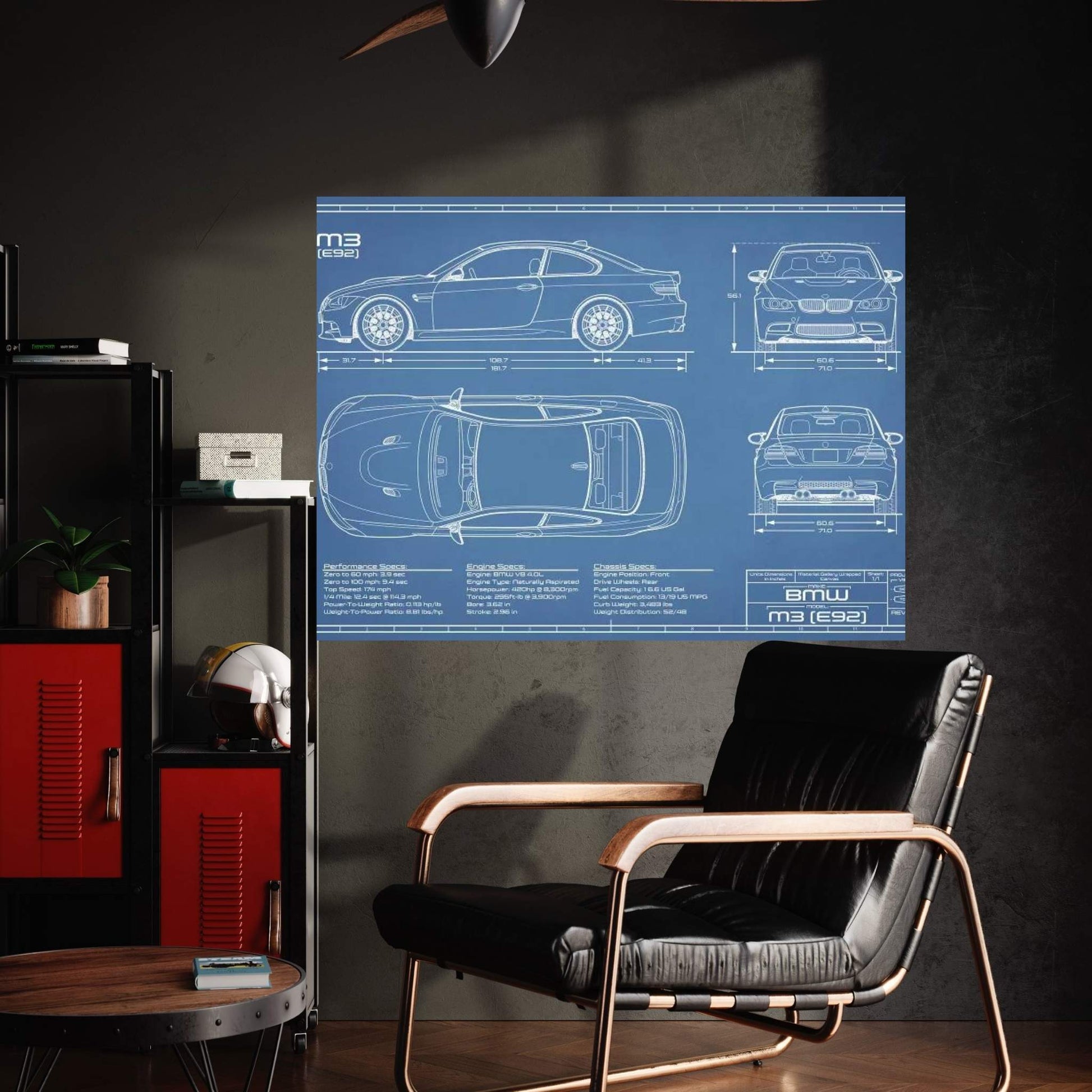 BMW M3 (E92) Blueprint Canvas Wall Art - Y Canvas