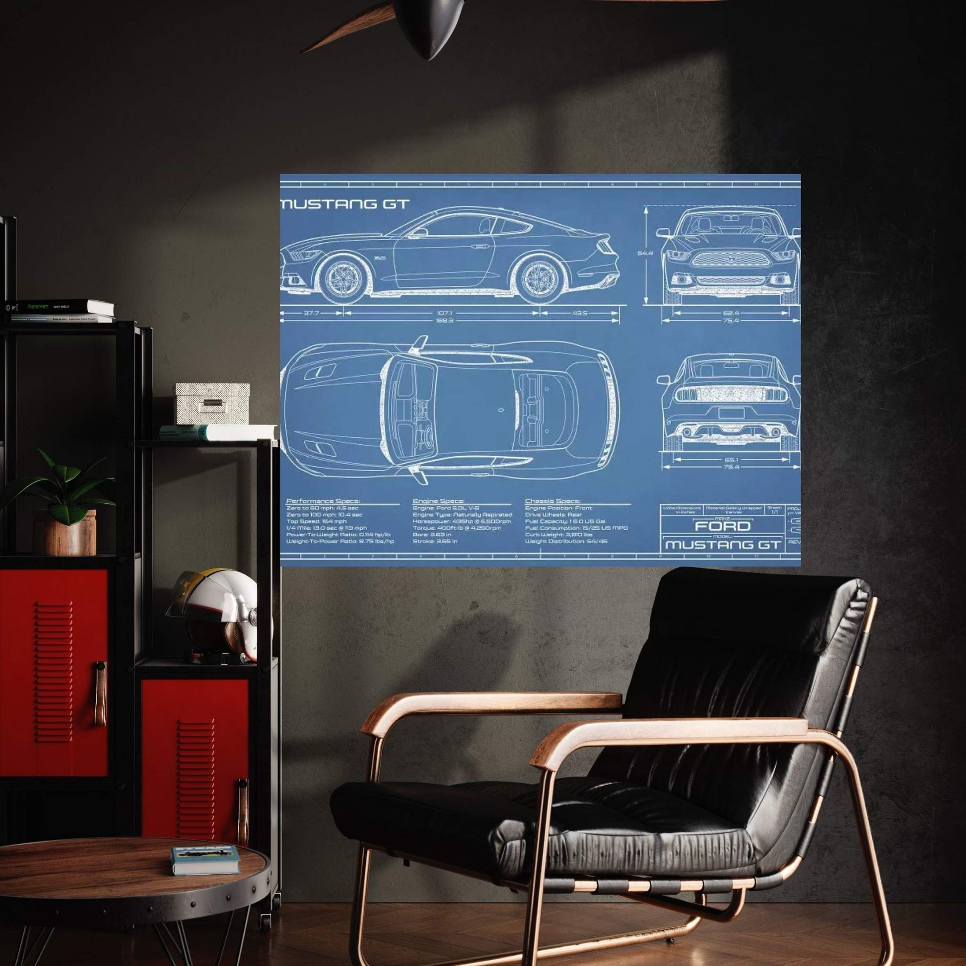 Mustang GT (2015-2017) Blueprint Canvas Wall Art - Y Canvas