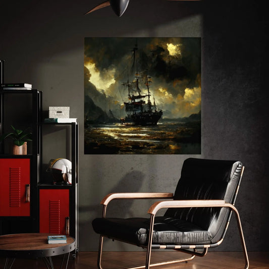 Large Dark Sea Pirates Ship Canvas Wall Art, Pirates Canvas Wall Print, Corsair on Sea Wall Hangings, Dark Colours Boat Room Decor - Y Canvas