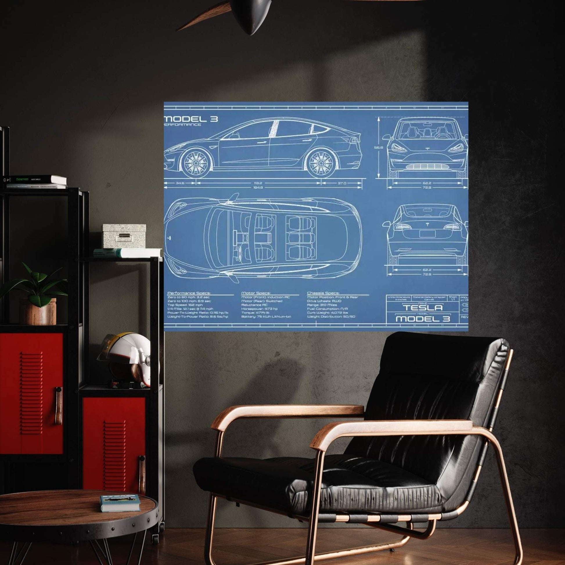 Tesla Model 3 (Performance) Blueprint Canvas Wall Art - Y Canvas