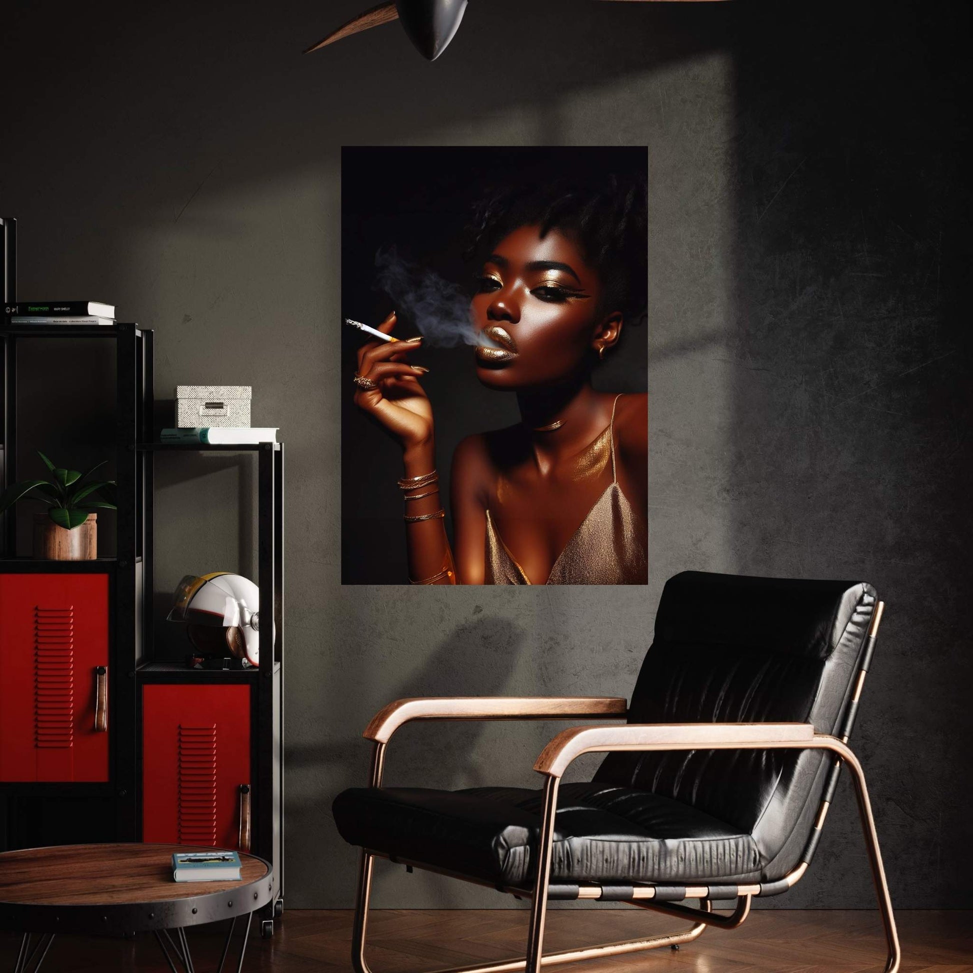 African Black Woman Gold Make-up Smoke Canvas Portrait Canvas Wall Art - Y Canvas