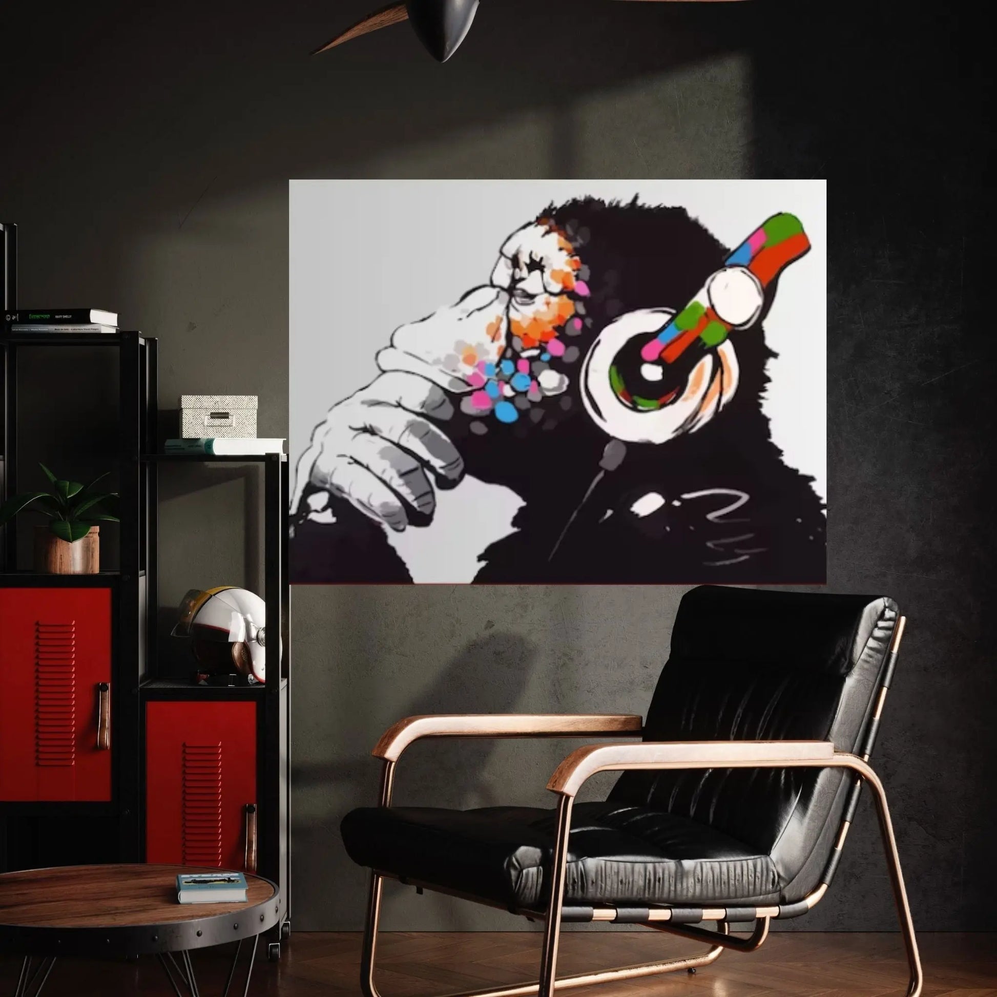 Monkey Headphones Canvas Wall Art, Thinking Monkey DJ, Banksy Monkey - Y Canvas