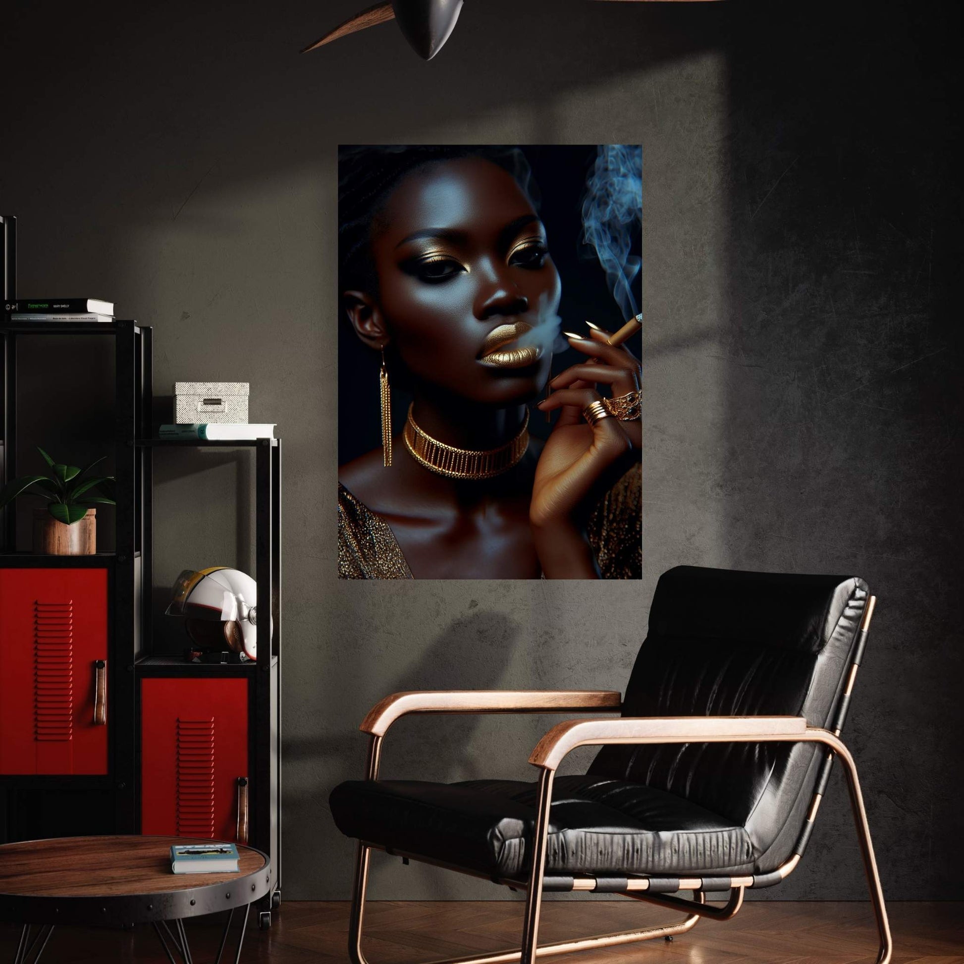 African Black Woman Gold Make-up Smoke Canvas Portrait Canvas Wall Art - Y Canvas