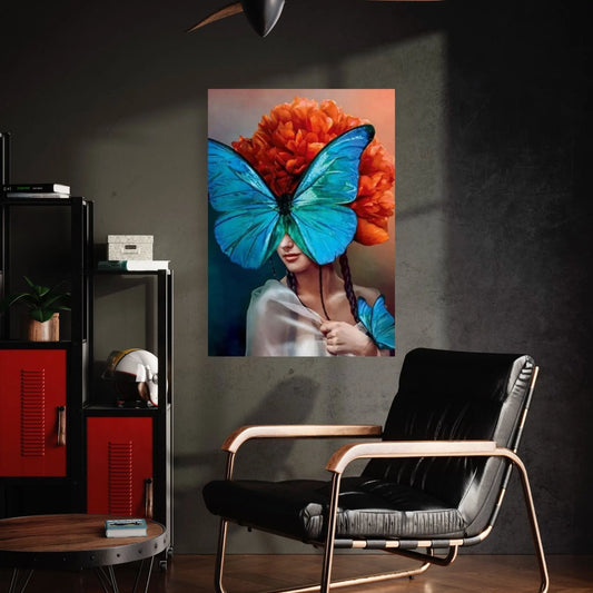 Blue Butterfly and Woman, Canvas Wall Art Print Poster flower woman painting - Y Canvas