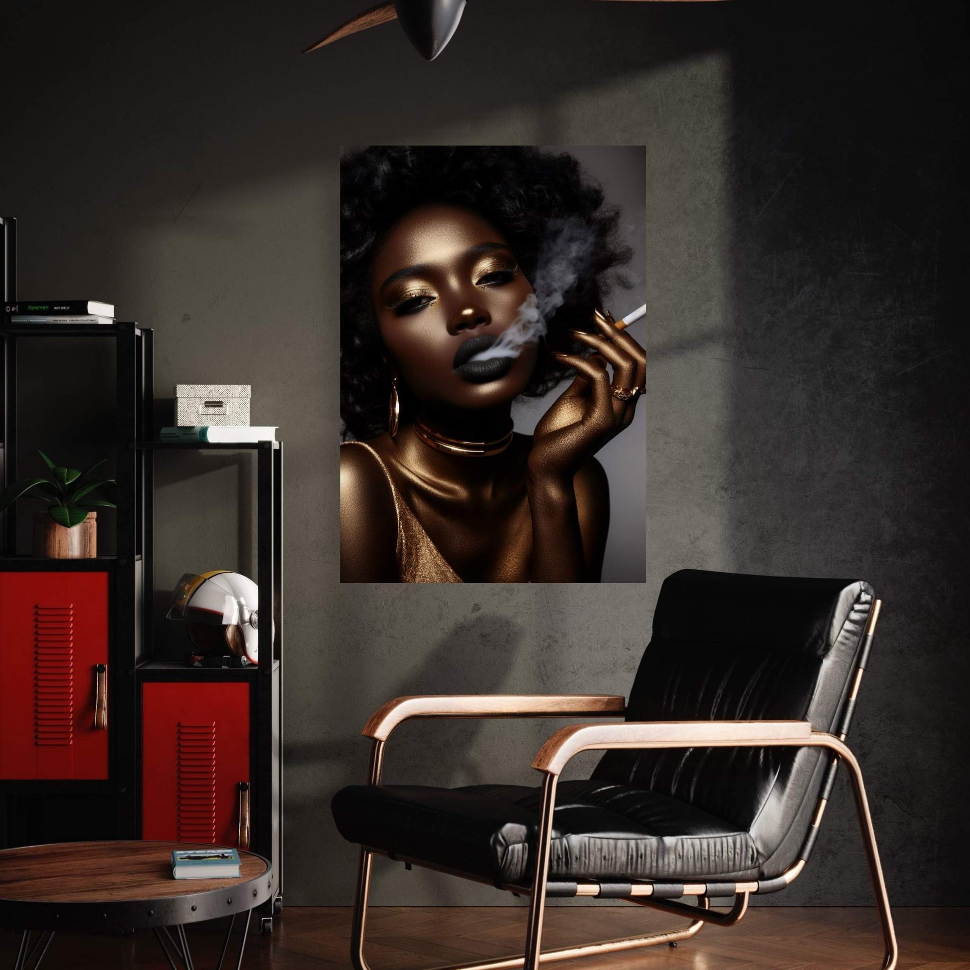 African Black Woman Gold Make-up Smoke Canvas Portrait Canvas Wall Art - Y Canvas