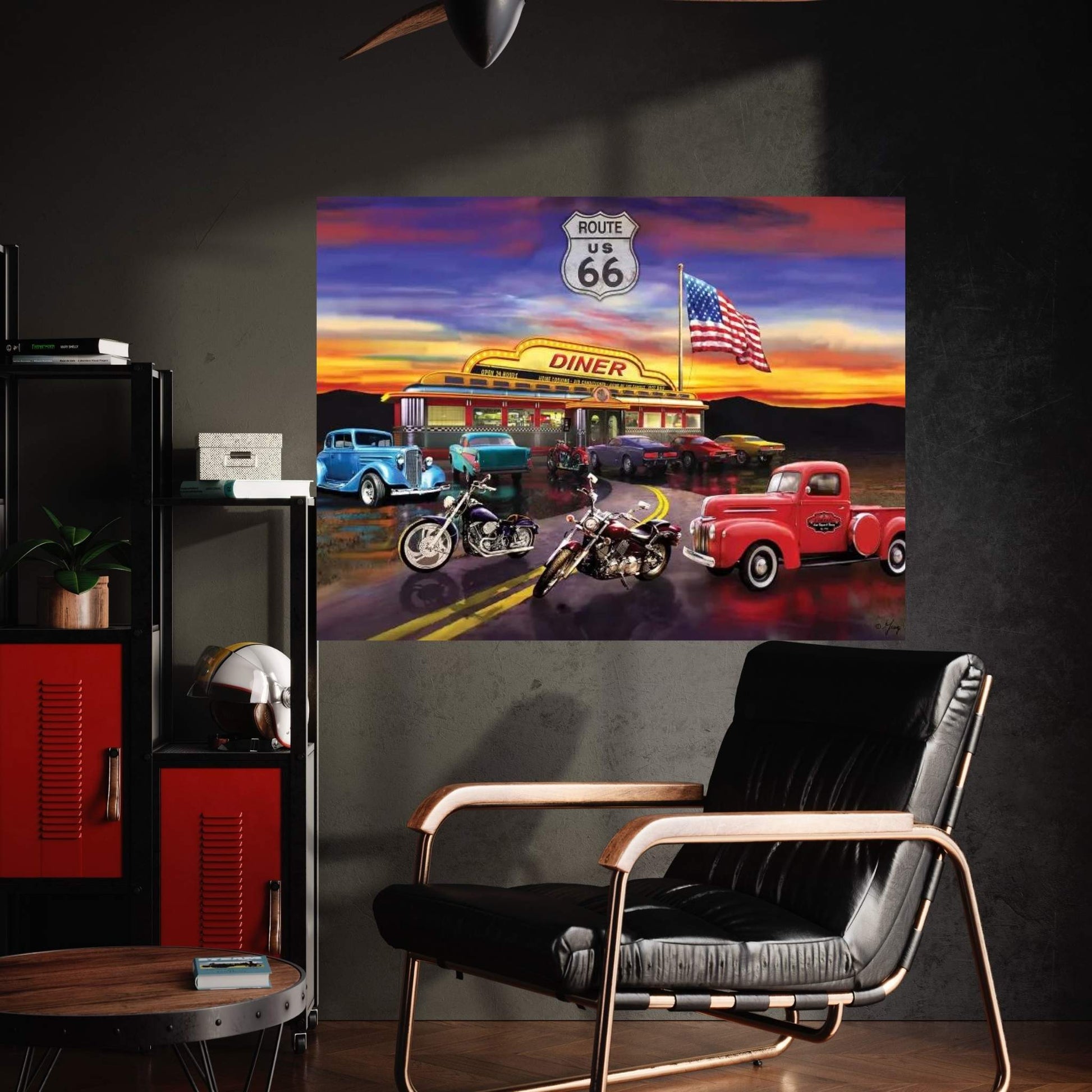 Nostalgic America Diner And Cars Canvas Wall Art - Y Canvas