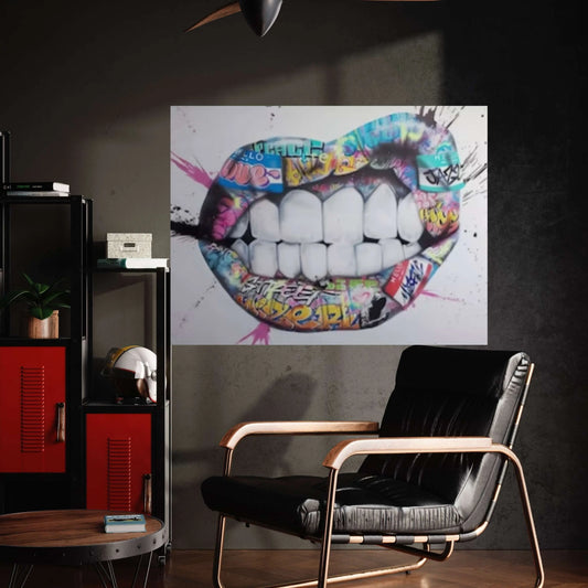 Banksy Poster, Lip and Teeth, Colourful Canvas, Banksy Graffiti Art Print, Woman Graffiti Wall Art, Famous Mural Quote Canvas Wall Art - Y Canvas