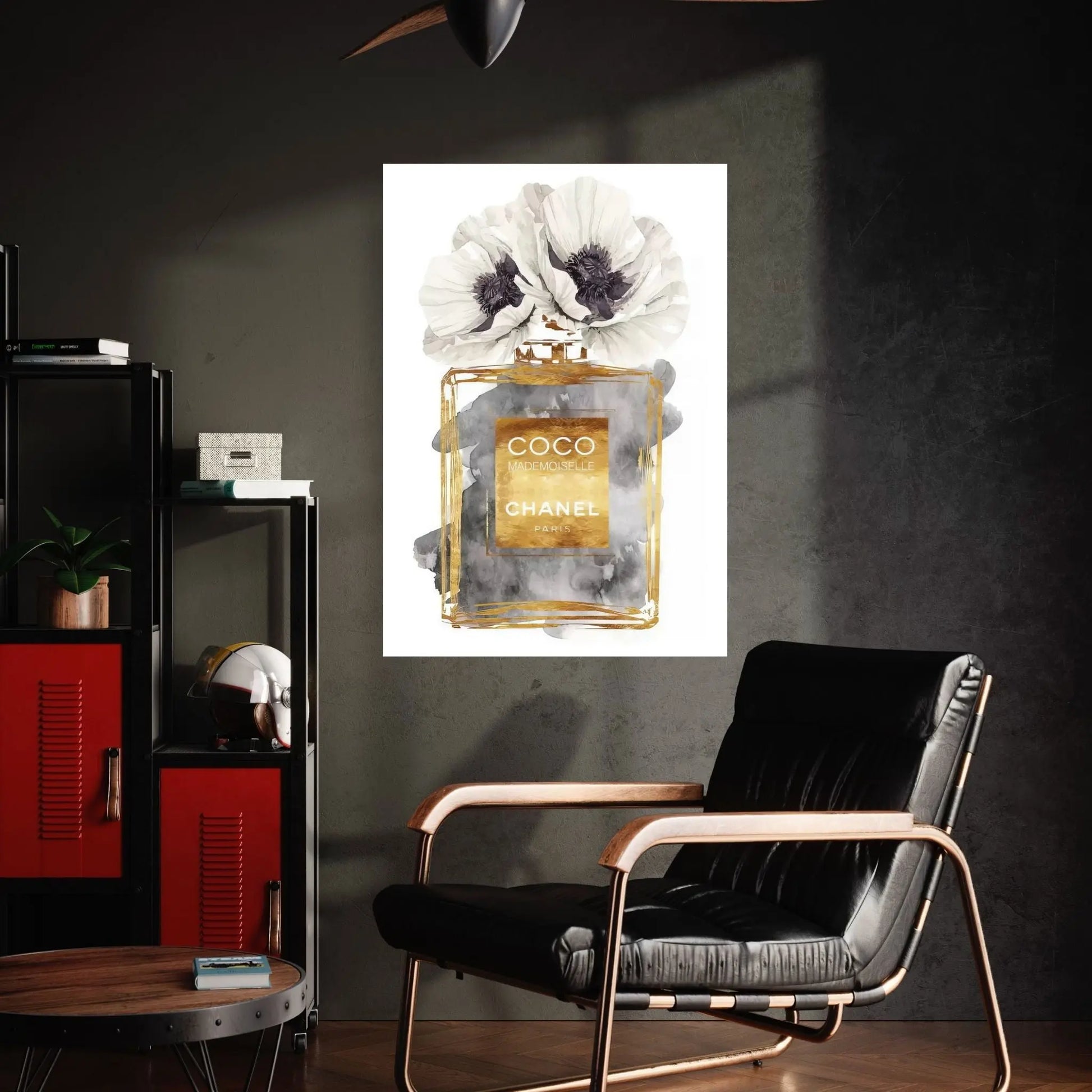 Perfume Bottle, Dark Gold With Dark Grey & White Poppy Canvas Wall Art - Y Canvas