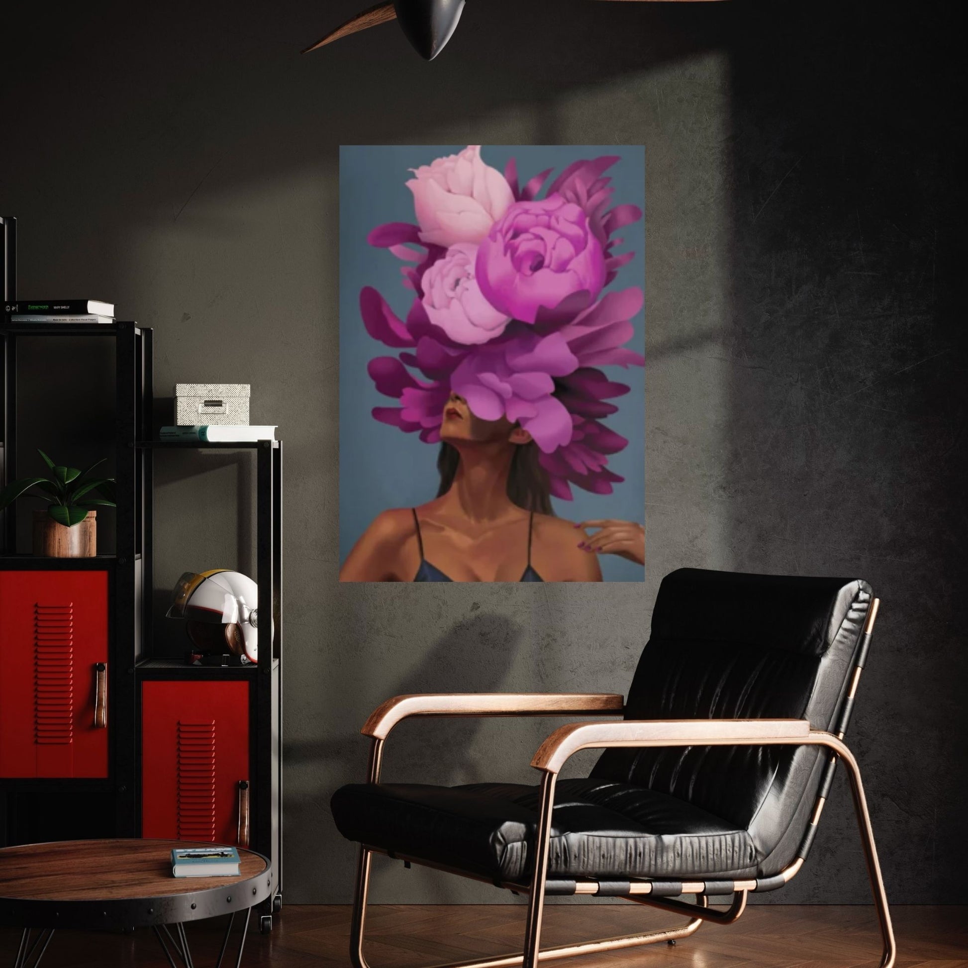 Purple Floral Woman Canvas Art, Blue Bird And Woman Wall Art, Woman with Flower and Bird Head - Y Canvas