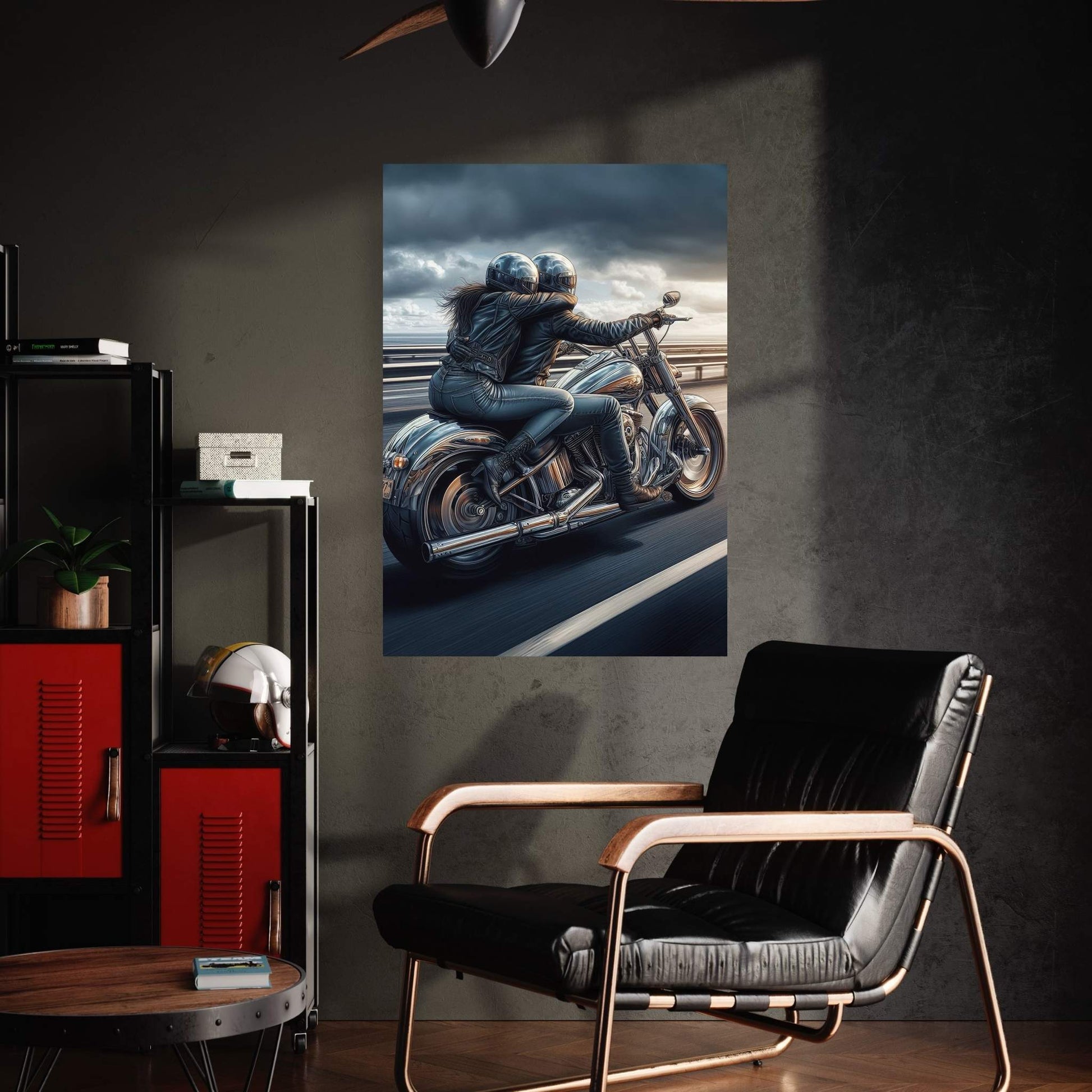 Metallic Couple Eiding A Motorcycle Canvas Wall Art - Y Canvas