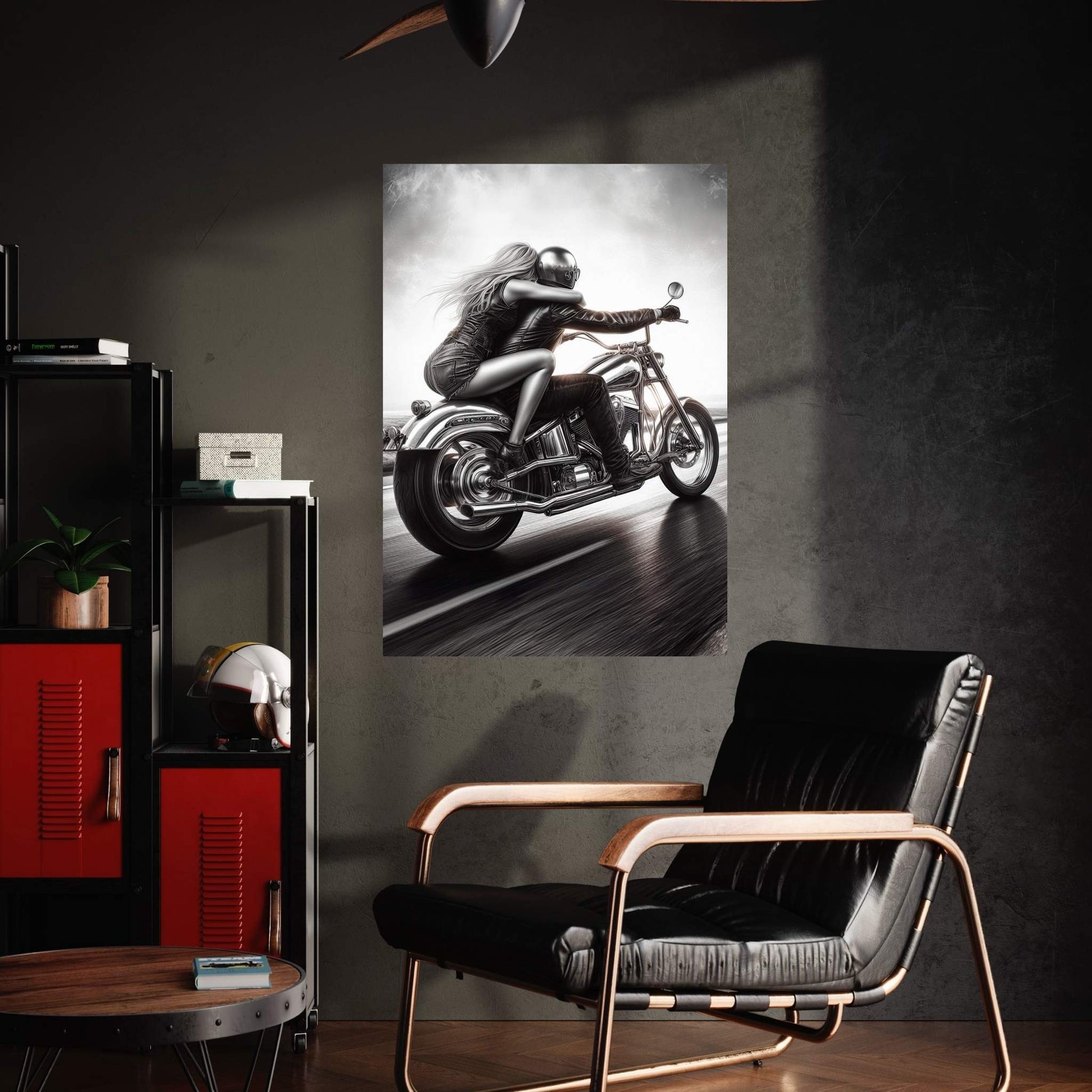 Metallic Couple Eiding A Motorcycle Canvas Wall Art - Y Canvas