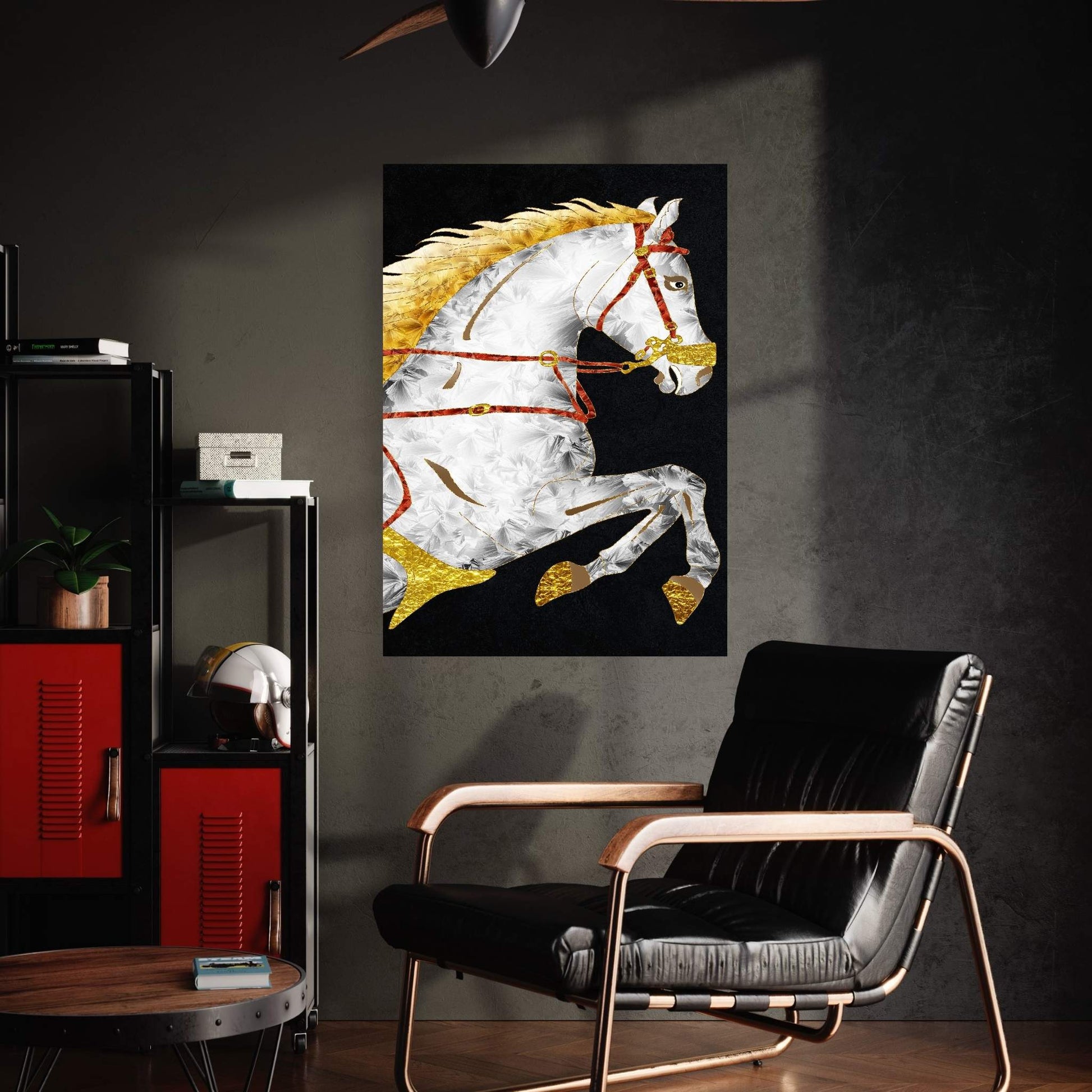 Abstract Modern White Horse with Golden Hair Canvas Wall Art - Y Canvas