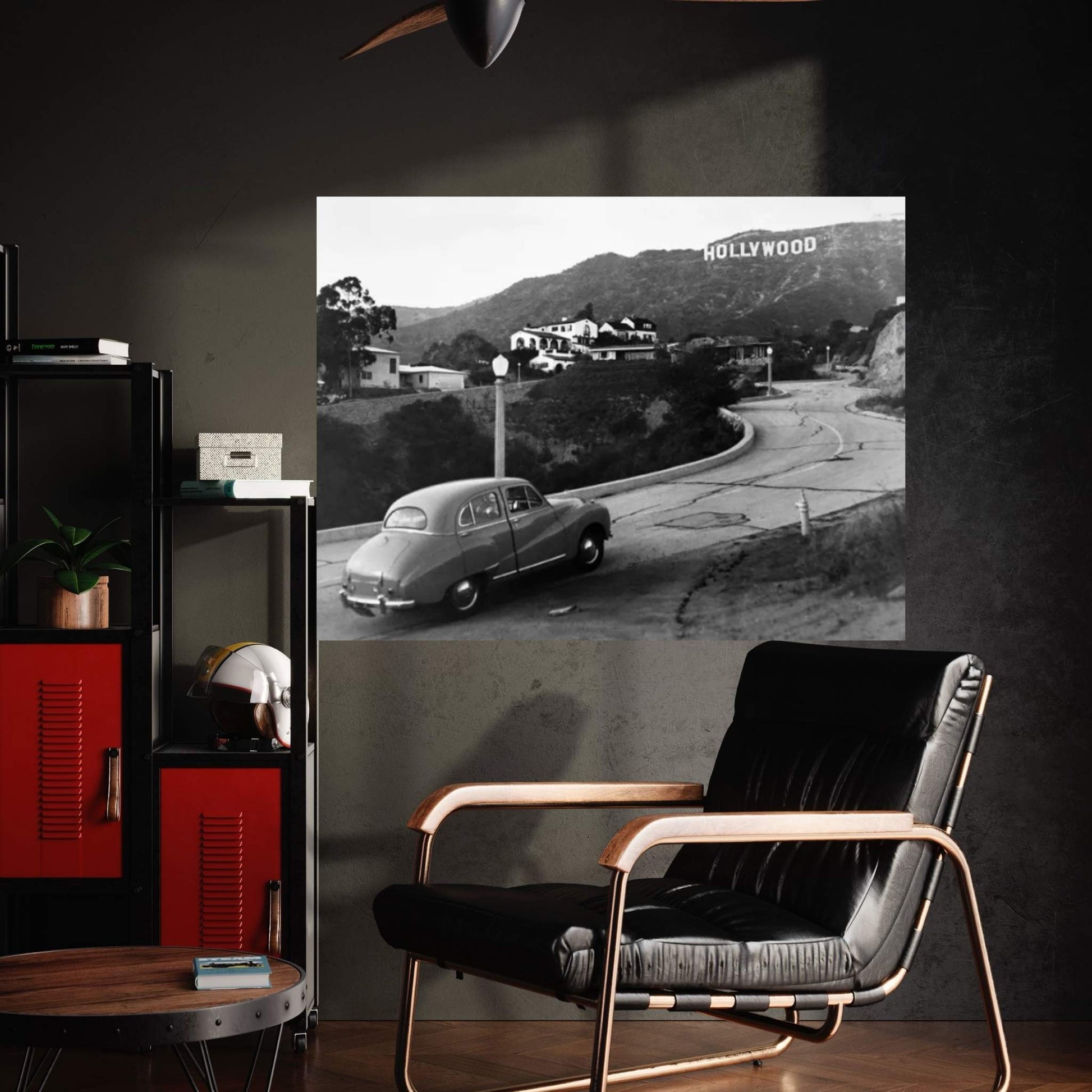 1950s Austin Car Driving Up The Hollywood Hills With Hollywood Sign In Distance Los Angeles Ca USA Canvas Wall Art - Y Canvas