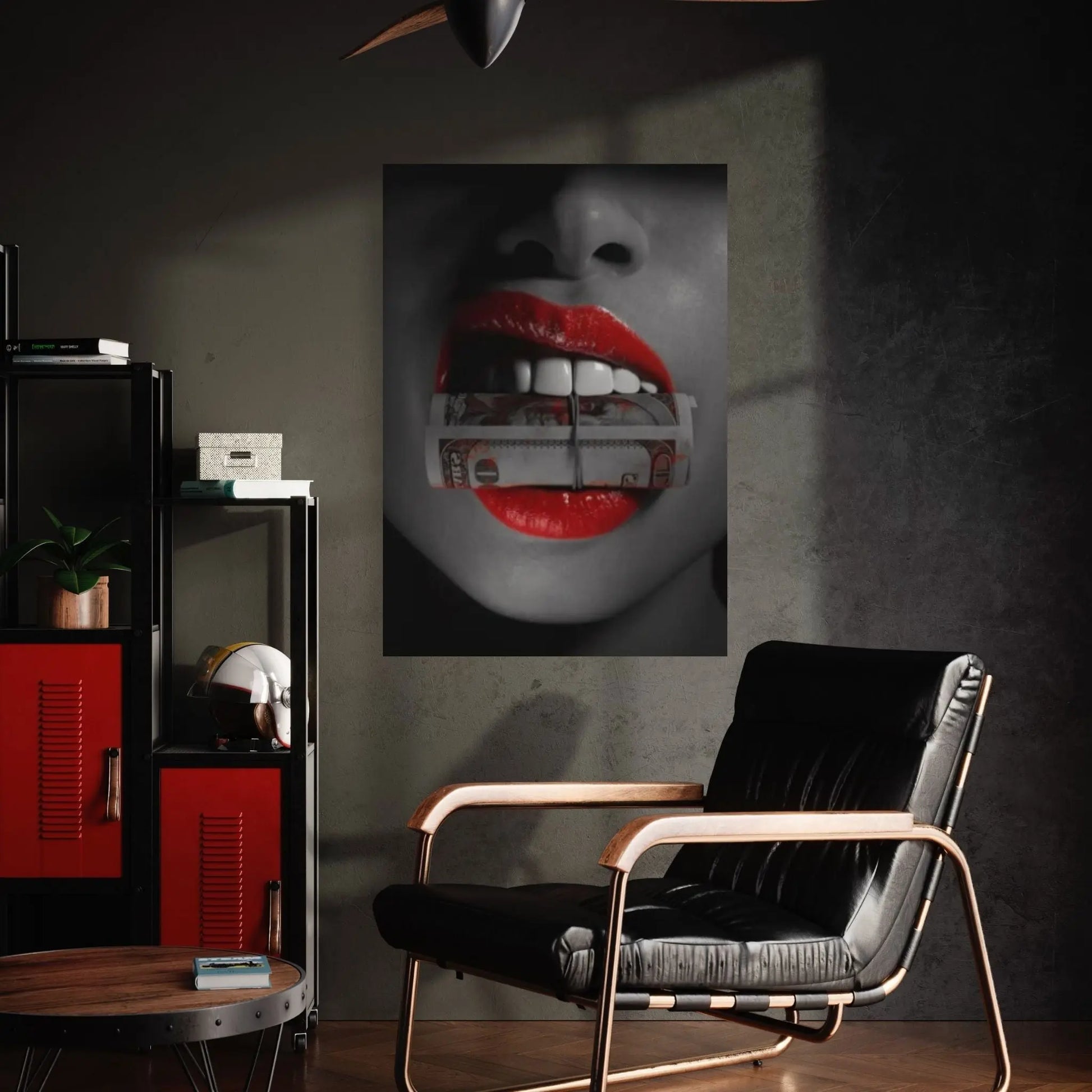 Red Lip Sexy Woman Holding Money In Her Mouth Canvas Wall Art - Y Canvas