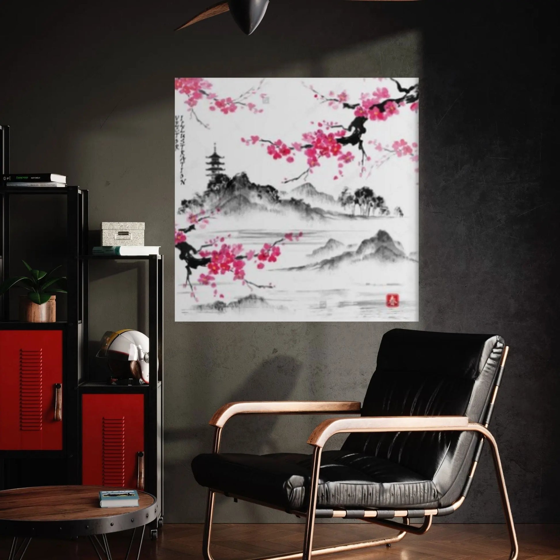 Japanese Landscape with sakura branches, Vector illustration. Hieroglyph Canvas Wall Art - Y Canvas