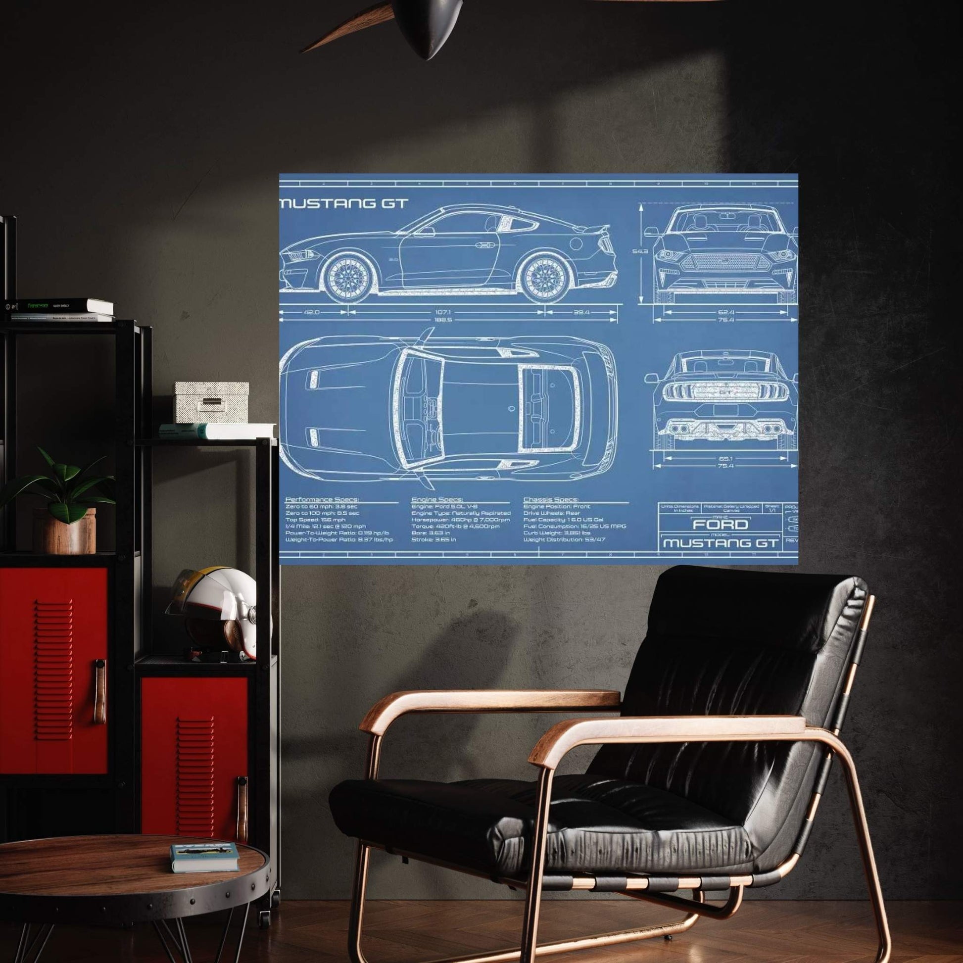 Mustang GT (2018-2020) Blueprint Canvas Wall Art - Y Canvas