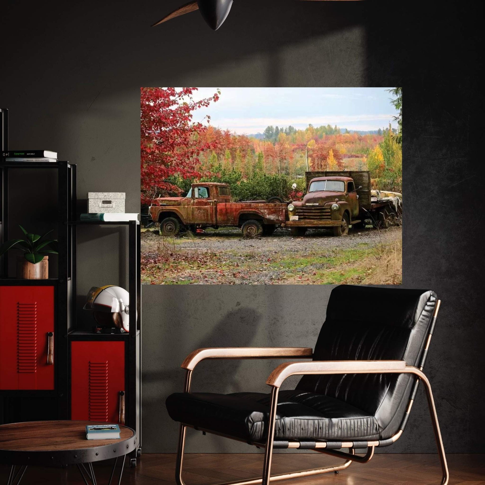 Two Autumn Vintage Trucks Canvas Wall Art - Y Canvas