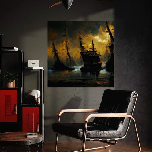 Large Dark Sea Pirates Ship Canvas Wall Art, Pirates Canvas Wall Print, Corsair on Sea Wall Hangings, Dark Colours Boat Room Decor - Y Canvas