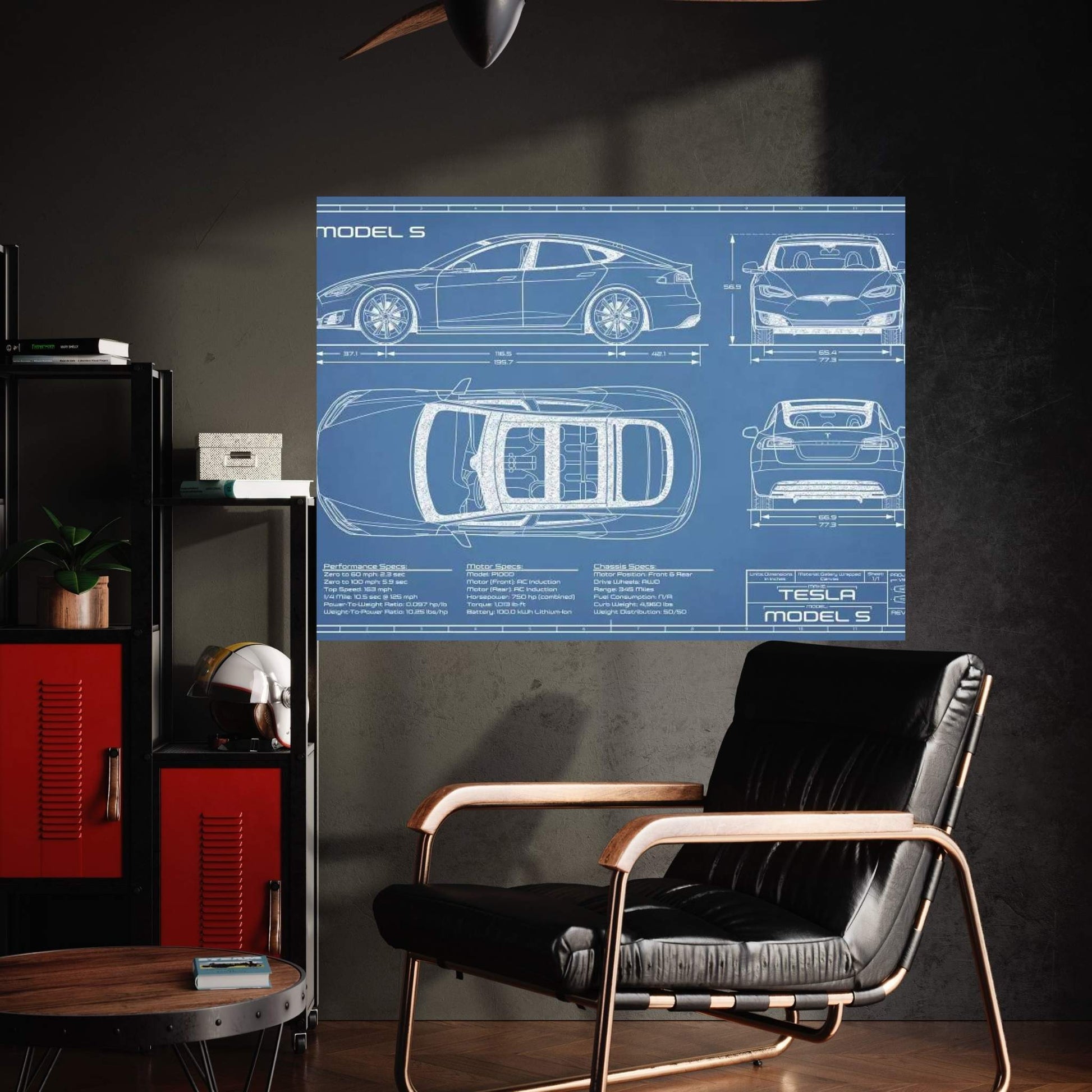 Tesla Model S (2016-2020) | Blueprint Canvas Wall Art - Y Canvas