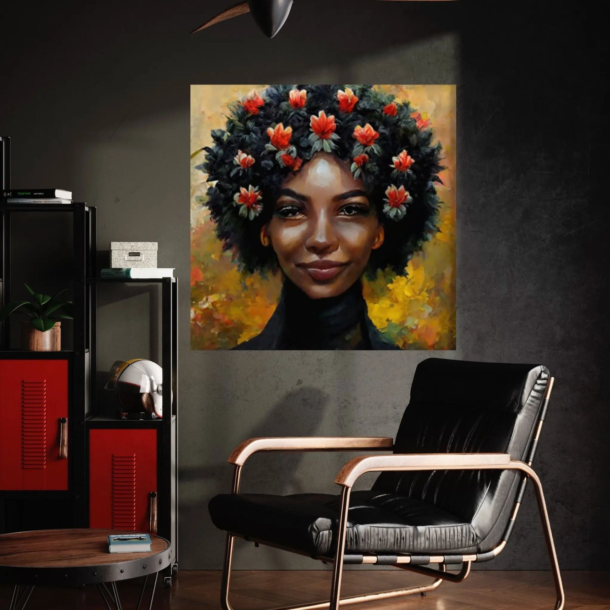 Black woman head flowers Canvas wall art,Black art, Black girl print, flower woman painting, Girl Flowers Poster - Y Canvas