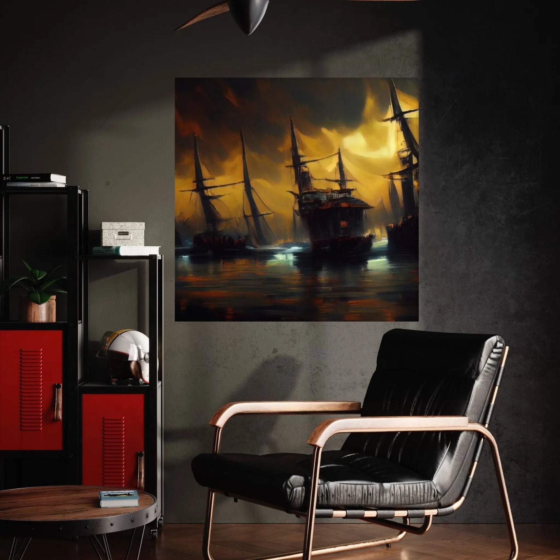 Large Dark Sea Pirates Ship Canvas Wall Art, Pirates Canvas Wall Print, Corsair on Sea Wall Hangings, Dark Colours Boat Room Decor - Y Canvas