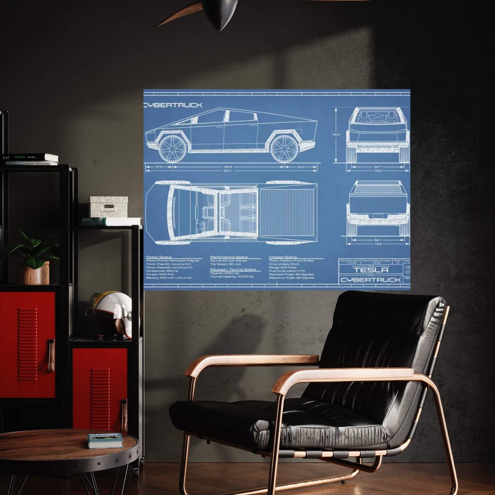 Tesla Cybertruck (2020-2022) Blueprint Canvas Wall Art - Y Canvas