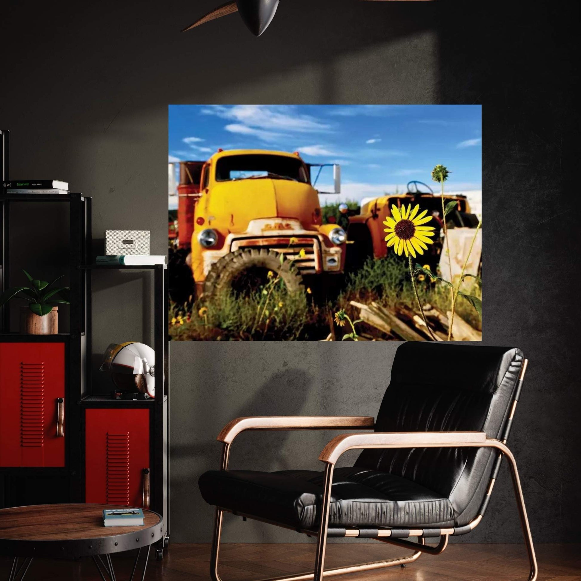 Yellow Daisy With Truck Canvas Wall Art - Y Canvas