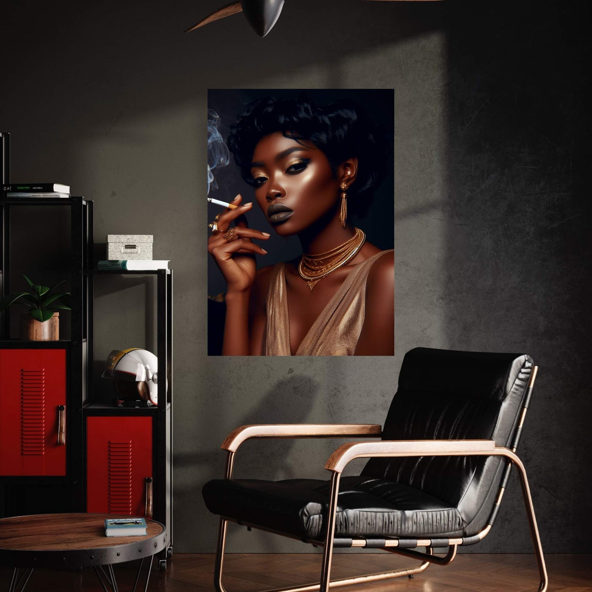 African Black Woman Gold Make-up Smoke Canvas Portrait Canvas Wall Art - Y Canvas