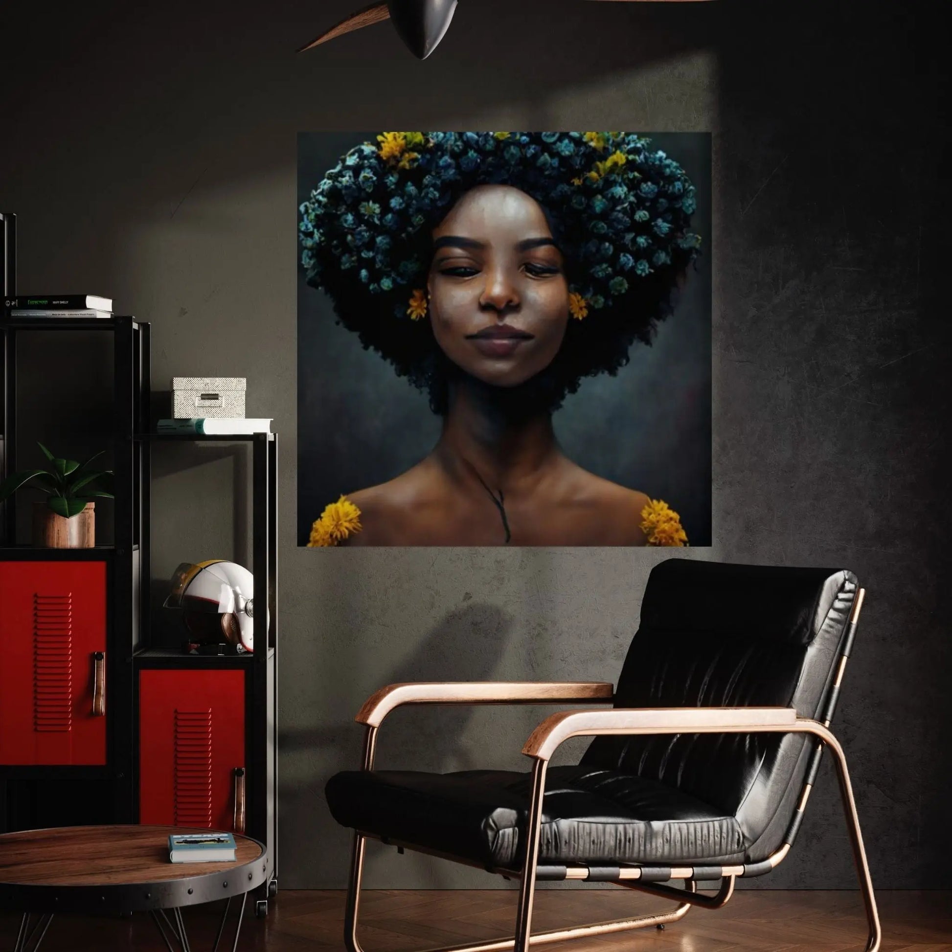 Black woman head flowers Canvas wall art,Black art, Black girl print, flower woman painting, Girl Flowers Poster - Y Canvas