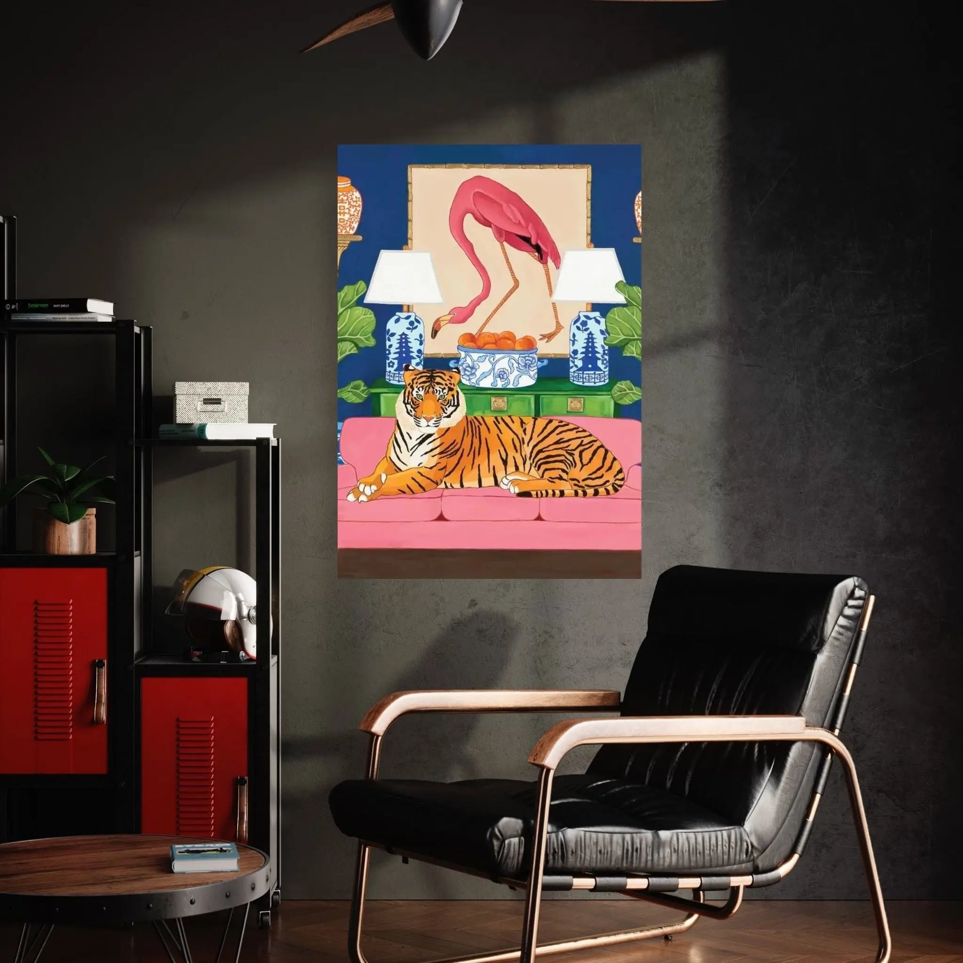 Chinoiserie Tiger In The Living Room With Flamingo Ginger Jar And Fiddle Leaf Fig Canvas Wall Art - Y Canvas