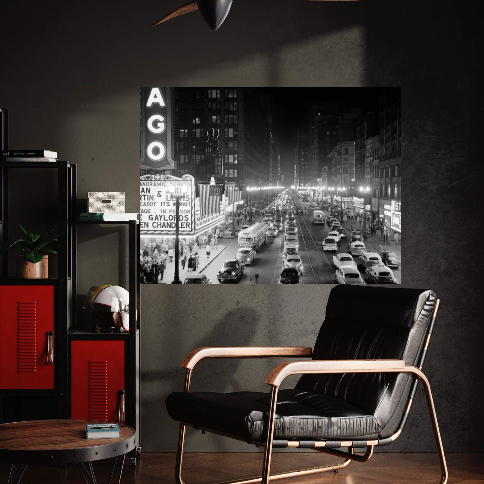 1953 Night Scene Of Chicago State Street With Traffic And Movie Marquee With Pedestrians On The Sidewalks Canvas Wall Art - Y Canvas