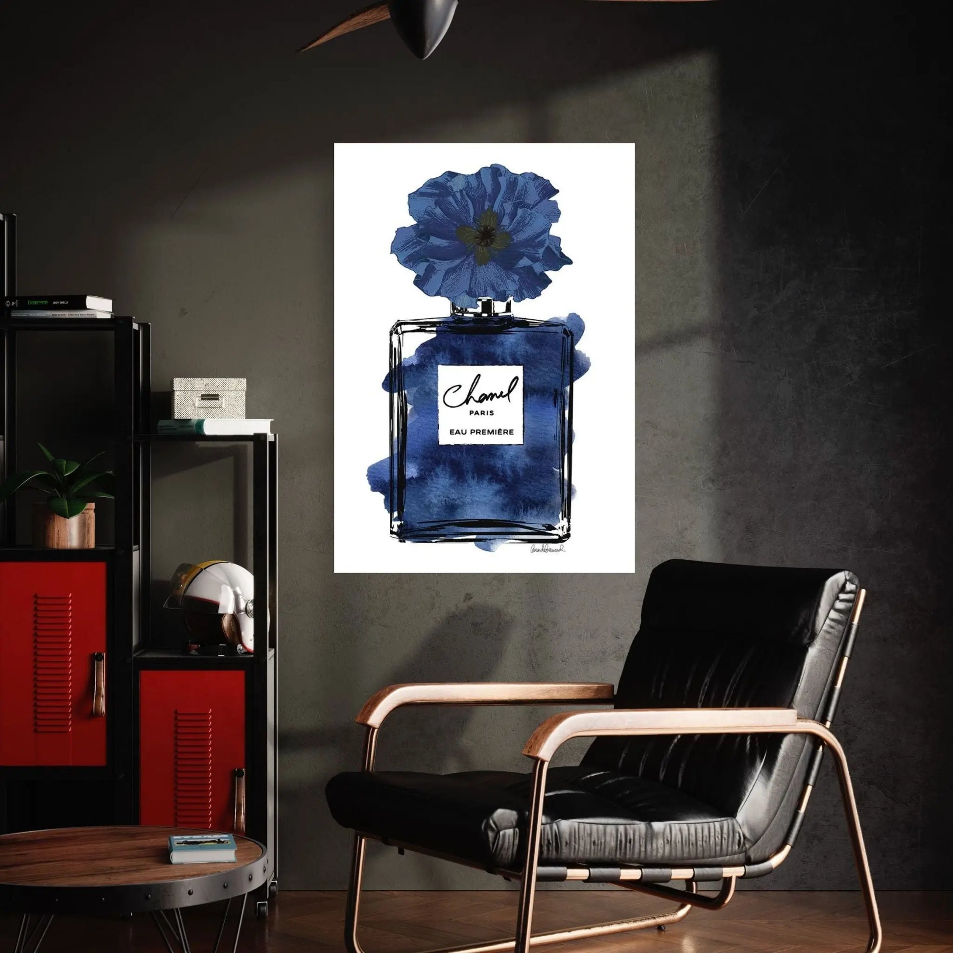 Perfume With Black & Blue Flower Canvas Wall Art - Y Canvas